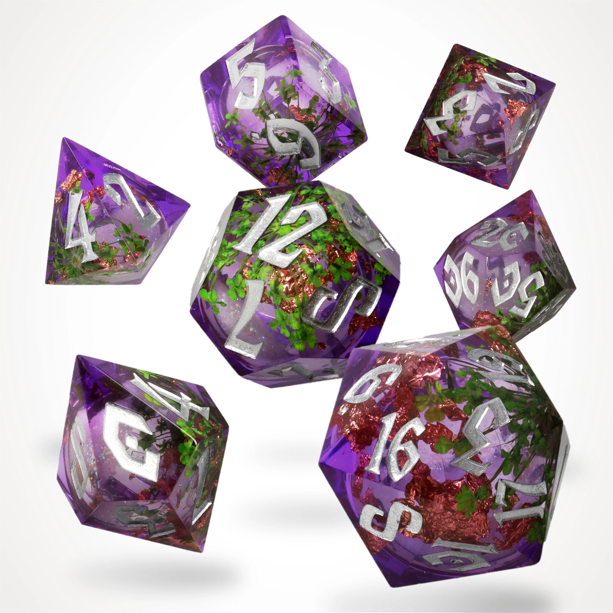 Herbalist's Dream liquid core dice set, purple resin with green herbs and copper