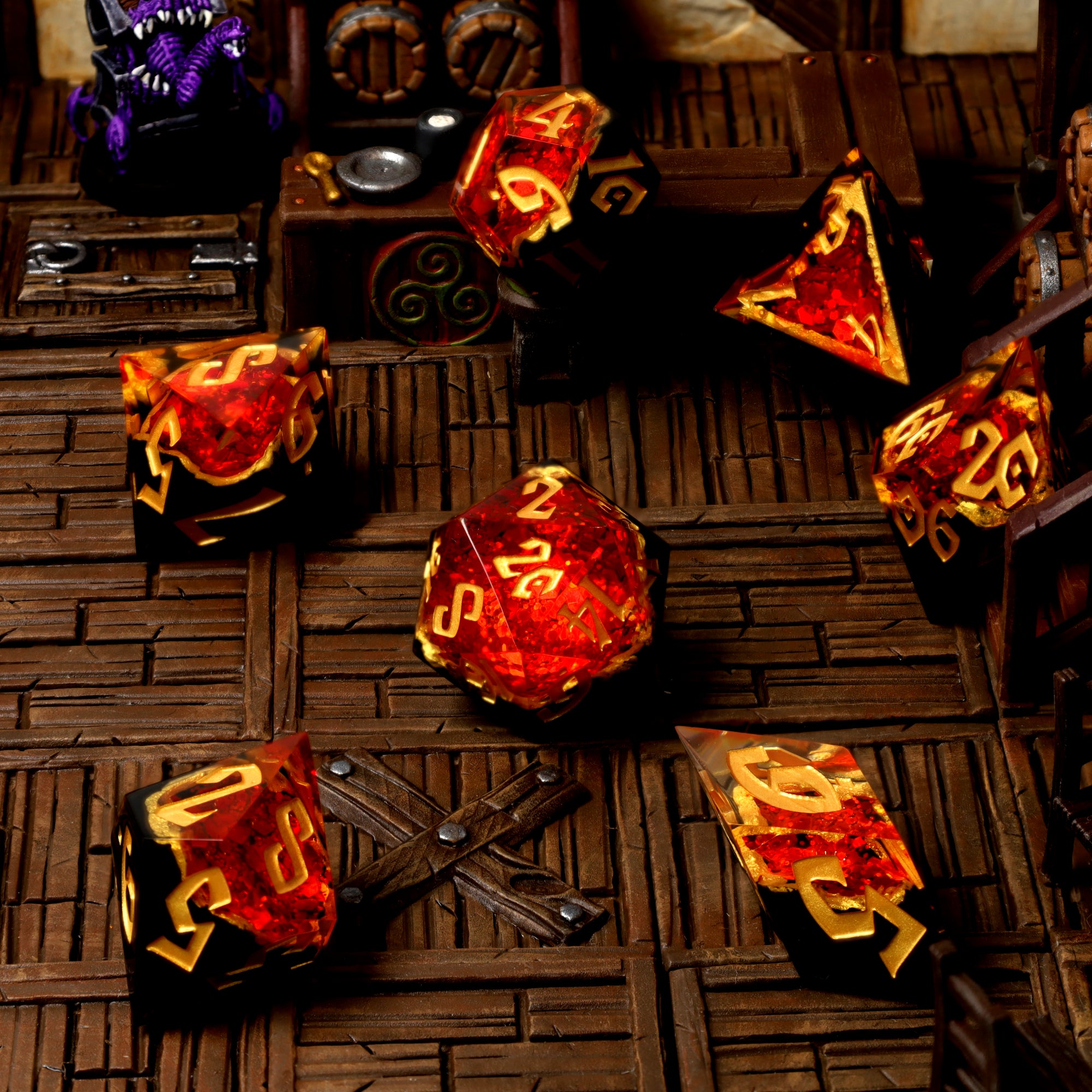 Gemcutter's Ruby geode dice, gold-rimmed red crystal core