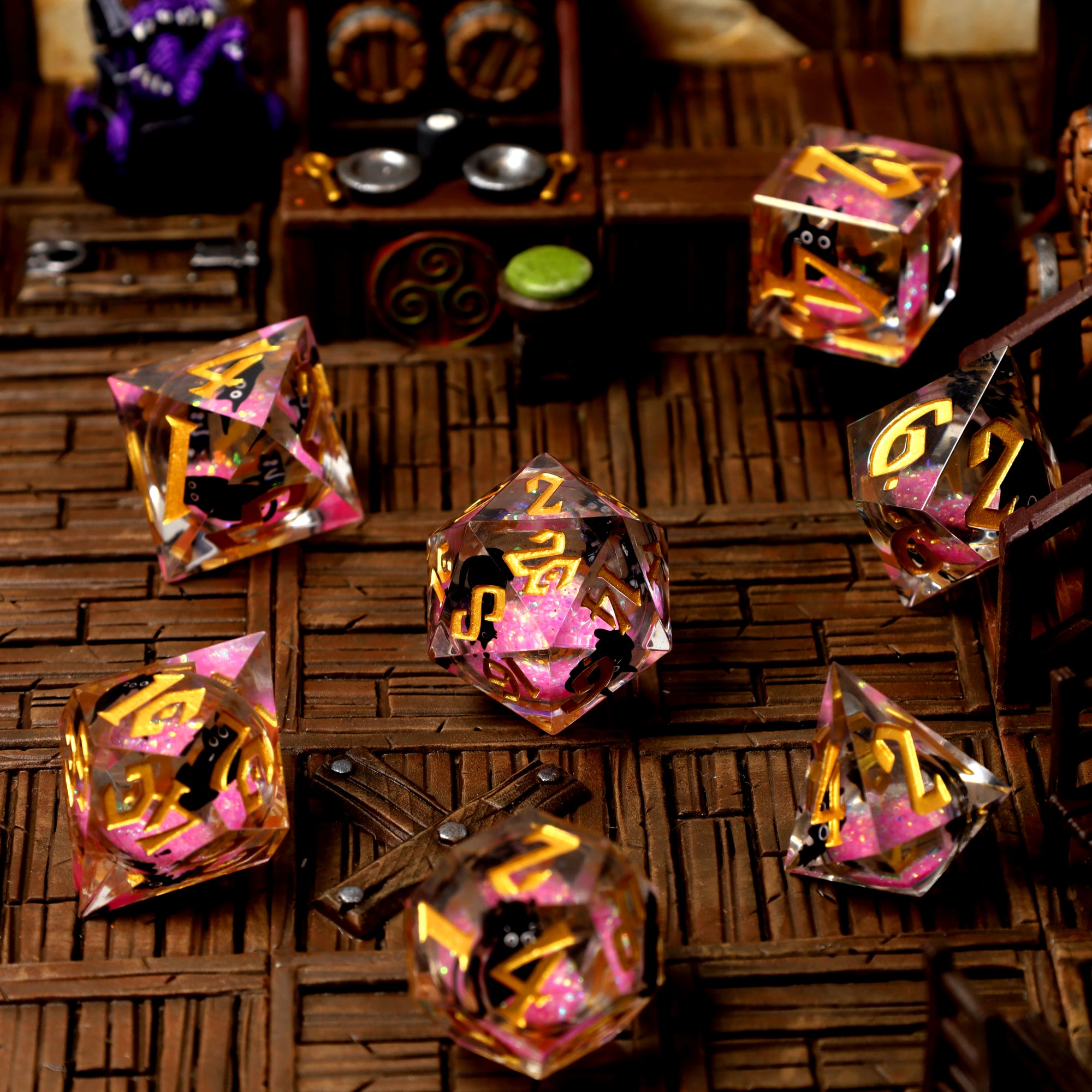 Cantrip Kittens Rosy dice, black kittens in pink clouds
