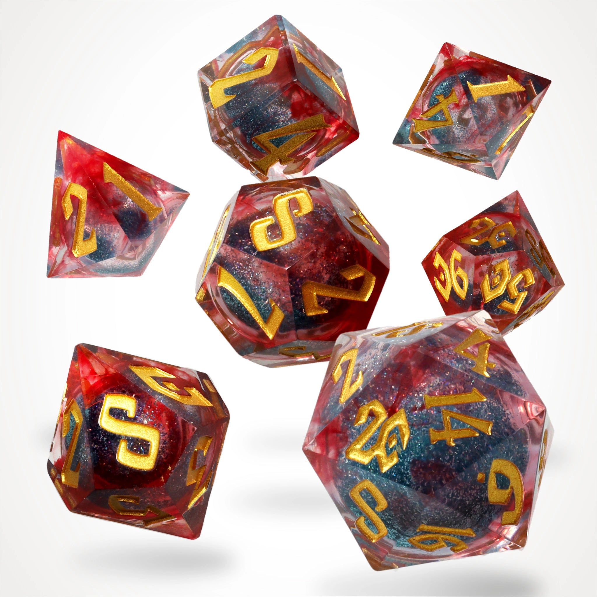 Magefire liquid core resin RPG dice set, full 7-piece spread