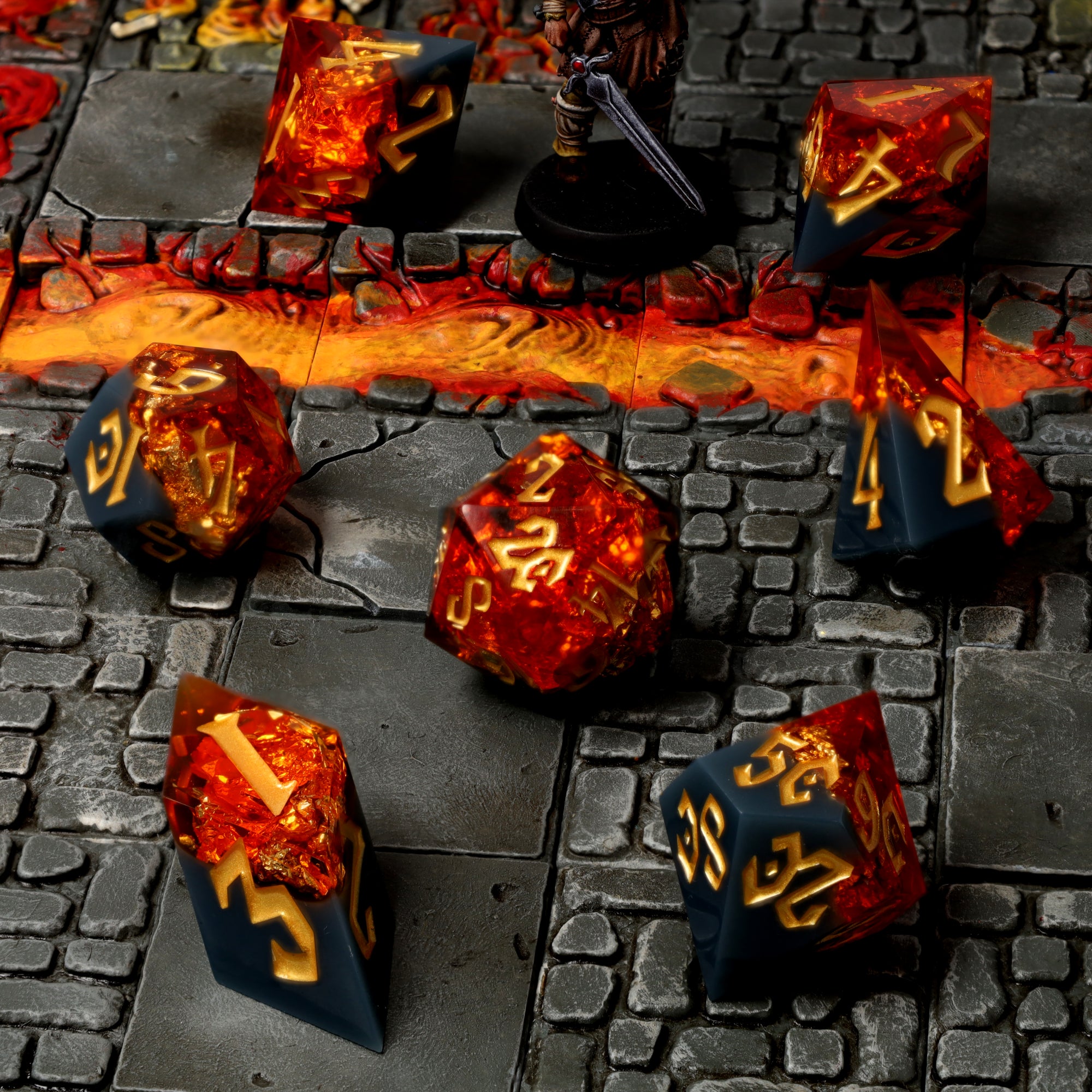 Volcanic Amber dice with lava-orange amber core