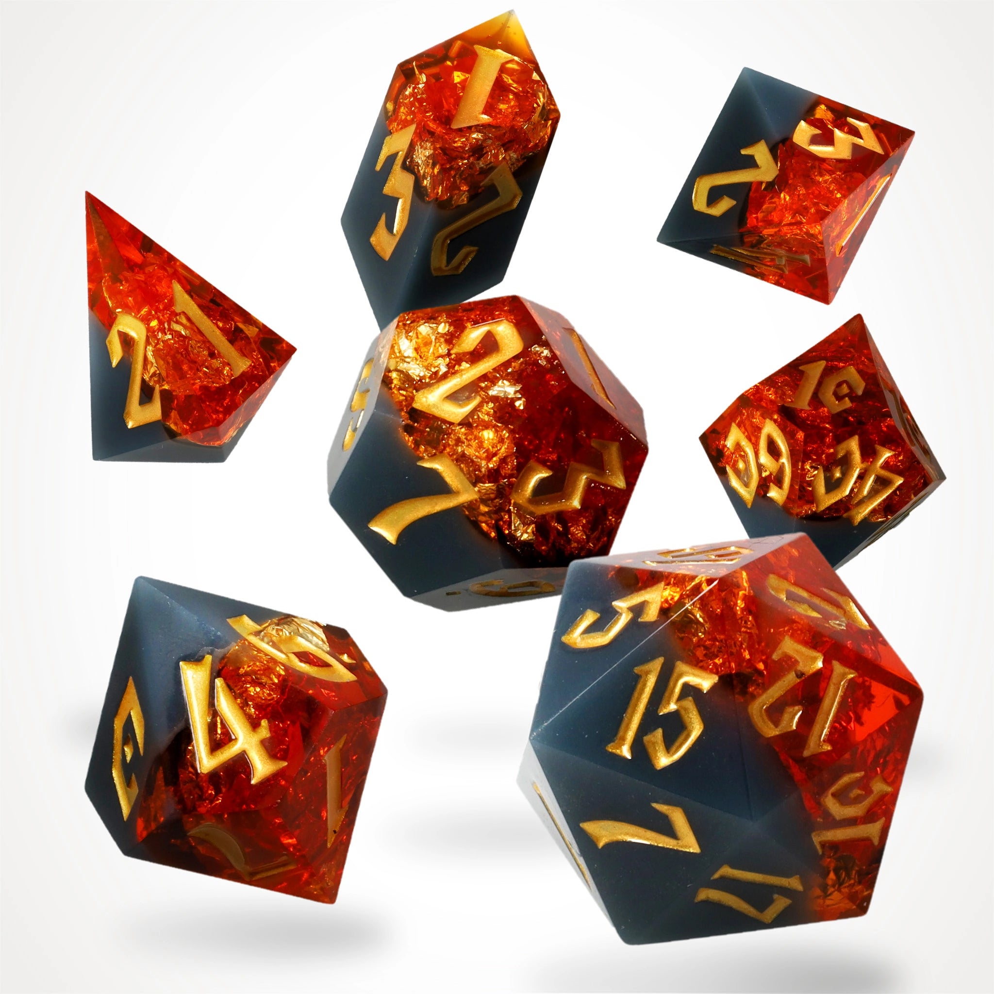 Volcanic Amber sharp-edge resin RPG dice set, full 7-piece spread