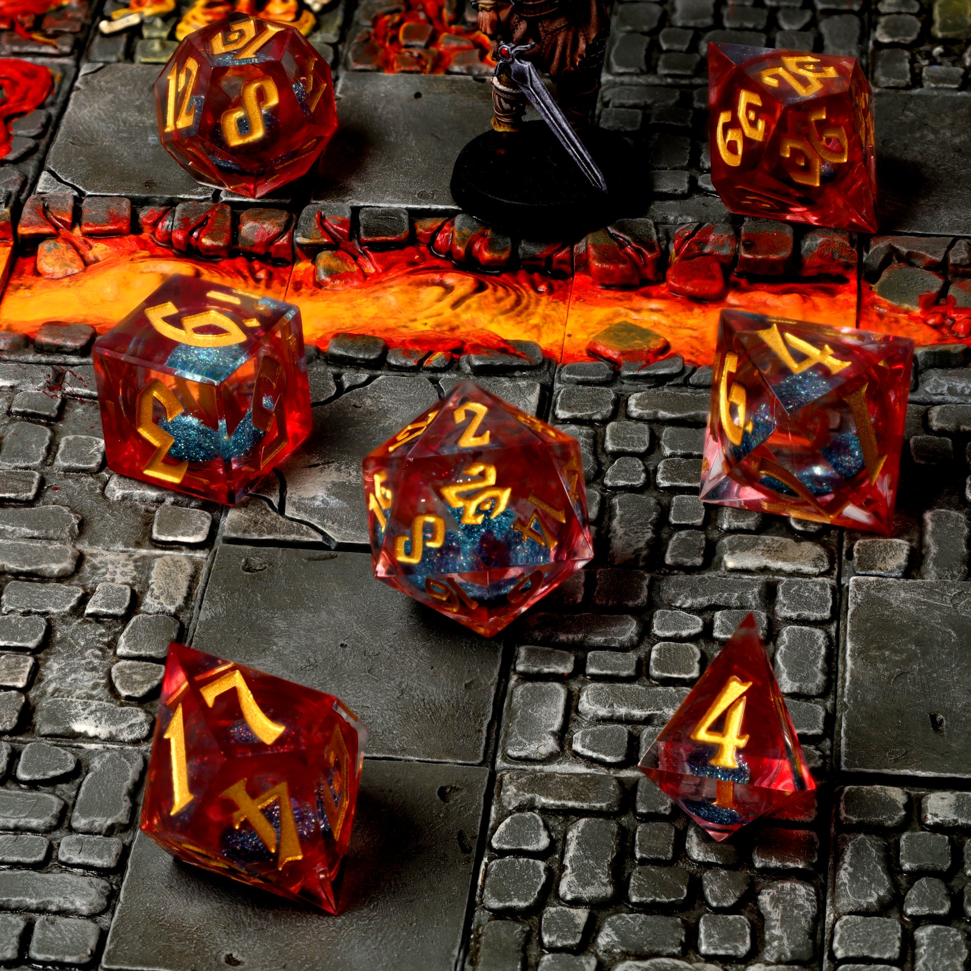 Magefire dice, deep red shell with galaxy liquid core