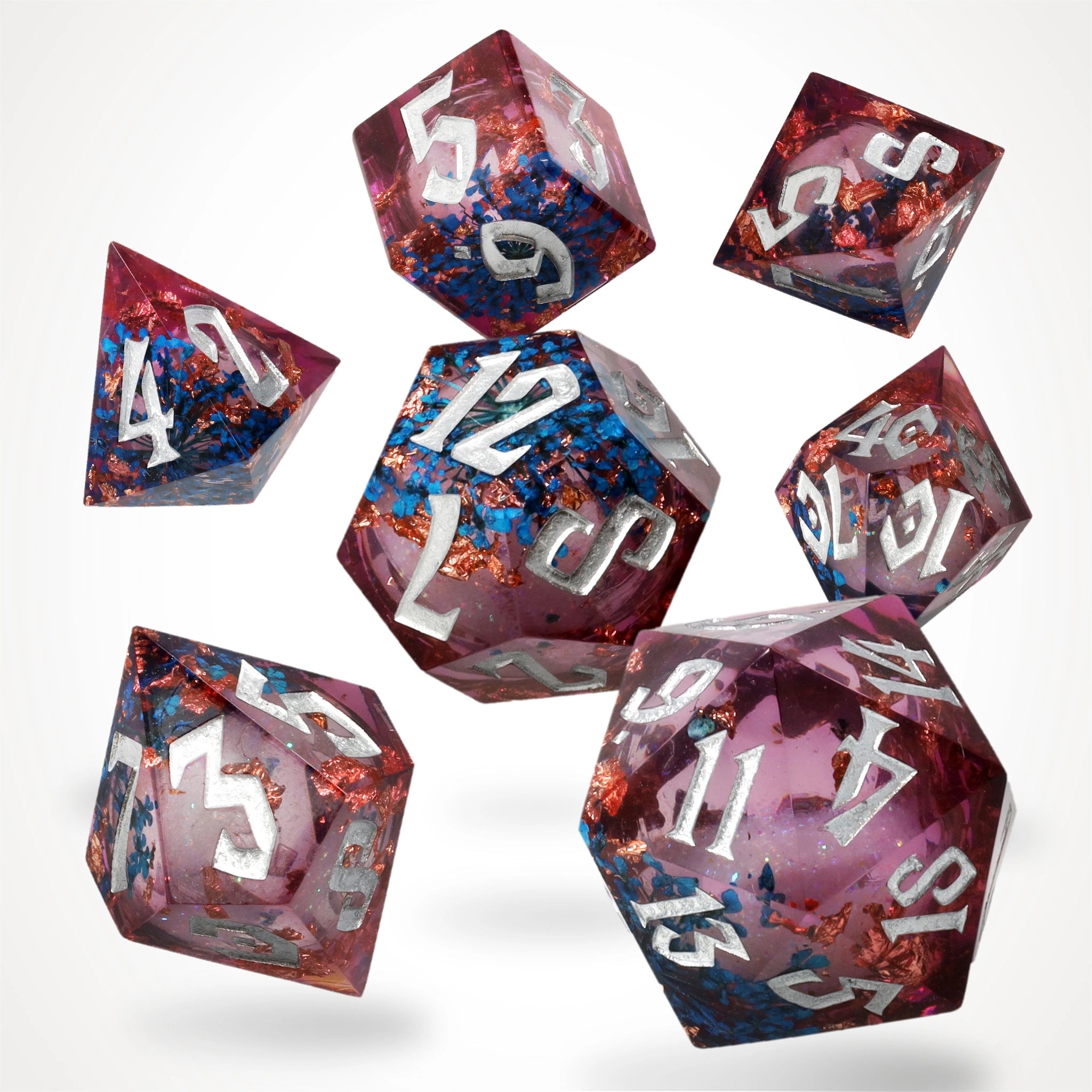 Fey Mist liquid core dice set, plum resin with copper foil and blue flowers