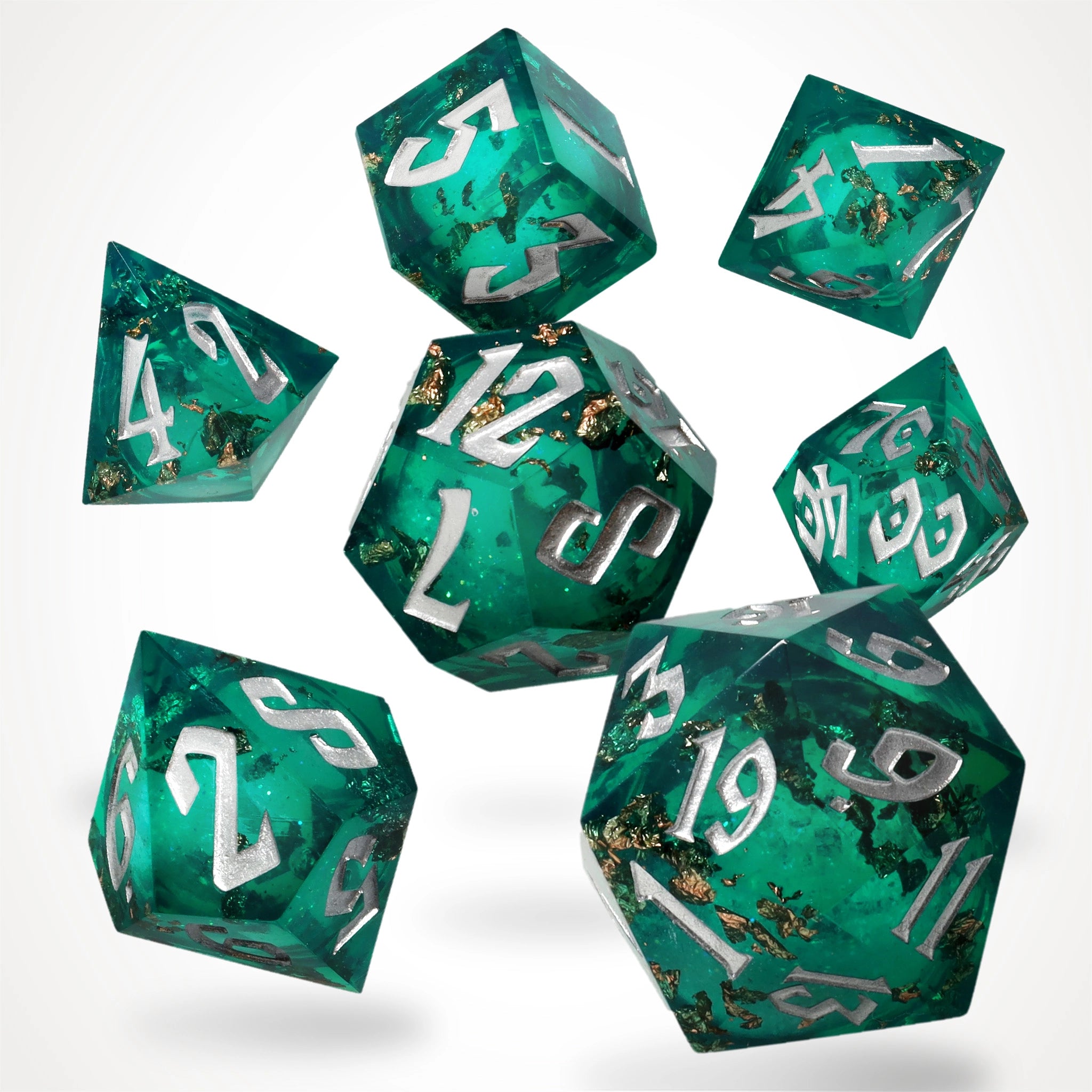 Forest Fountain liquid core dice set, emerald green resin with gold flakes