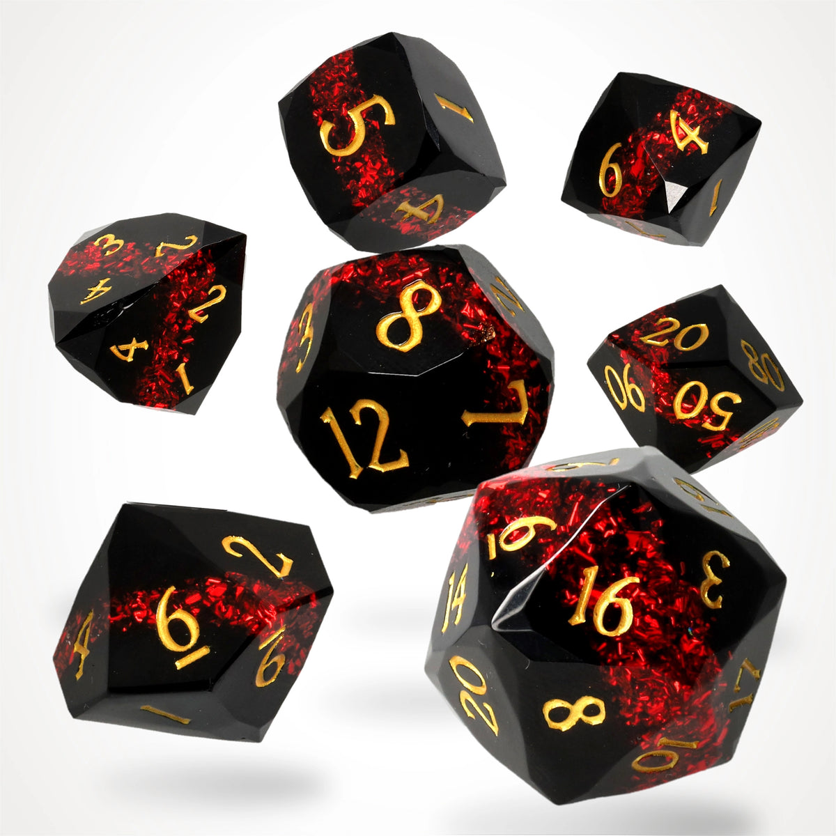 Sanguine Seam Resin RPG Dice Set: seven black gem-cut resin dice with a red mica band and gold numbers