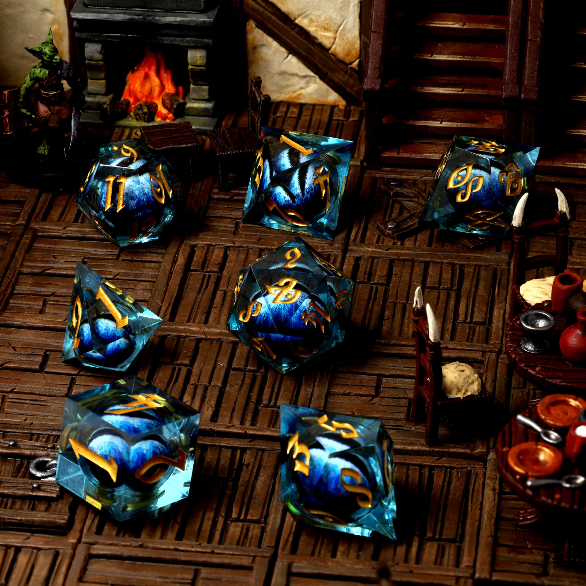 Ice Dragon's Gaze Floating Eye RPG Dice Set in scene