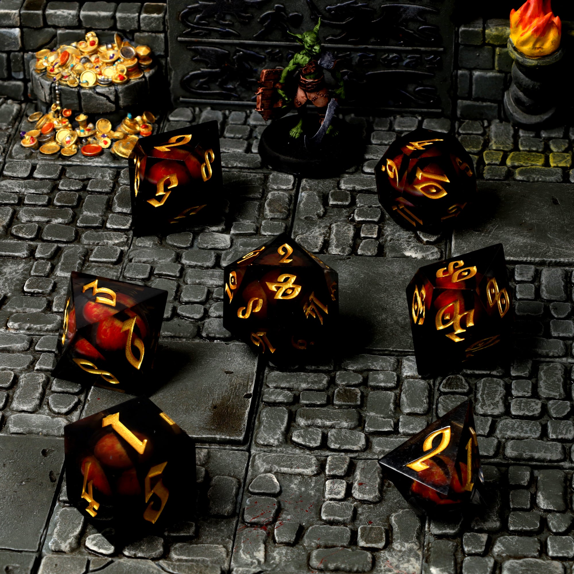 Fire Dragon's Gaze Floating Eye RPG Dice Set in scene