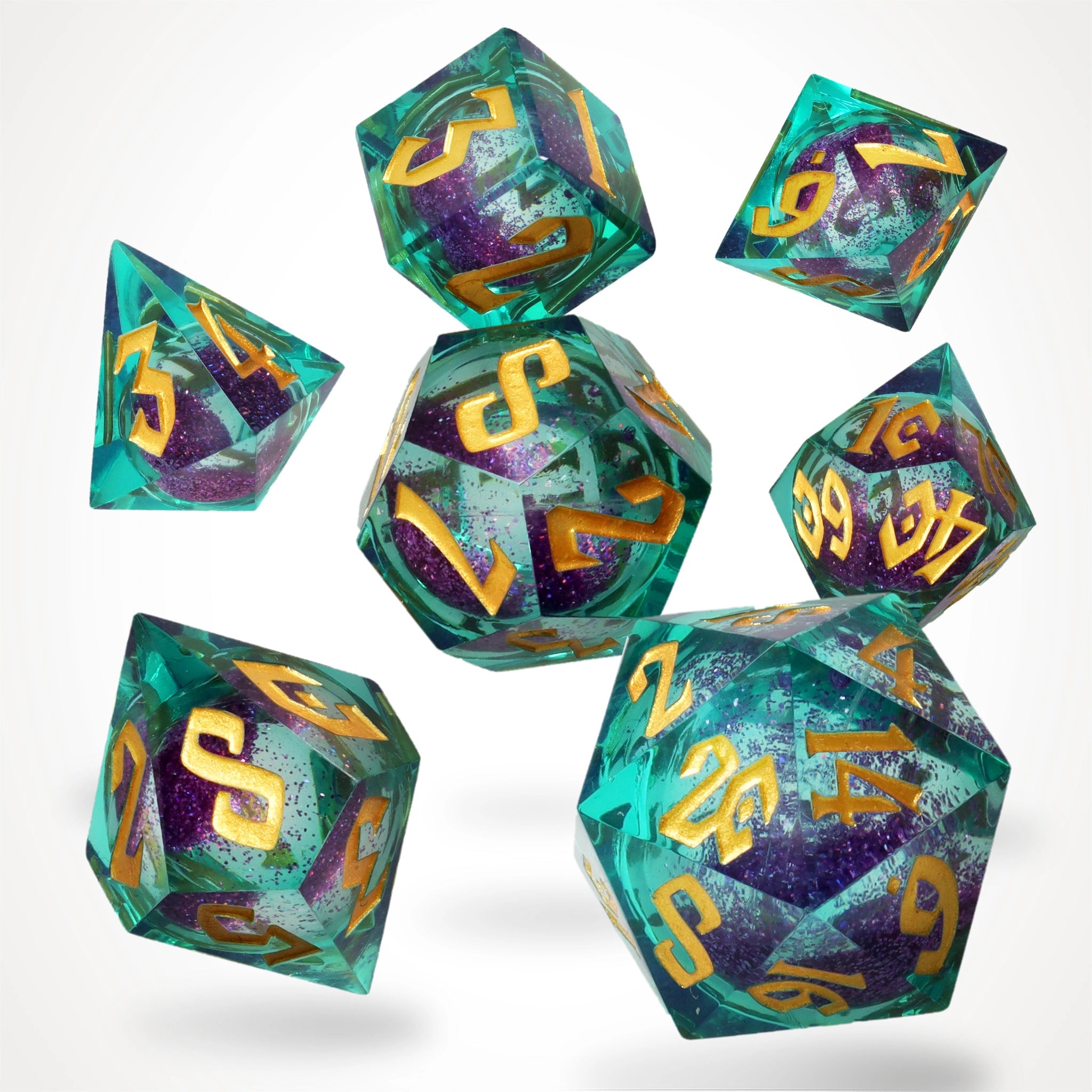 Planar Pulse liquid core RPG dice set, teal resin with pulsing purple glitter, full 7-piece spread