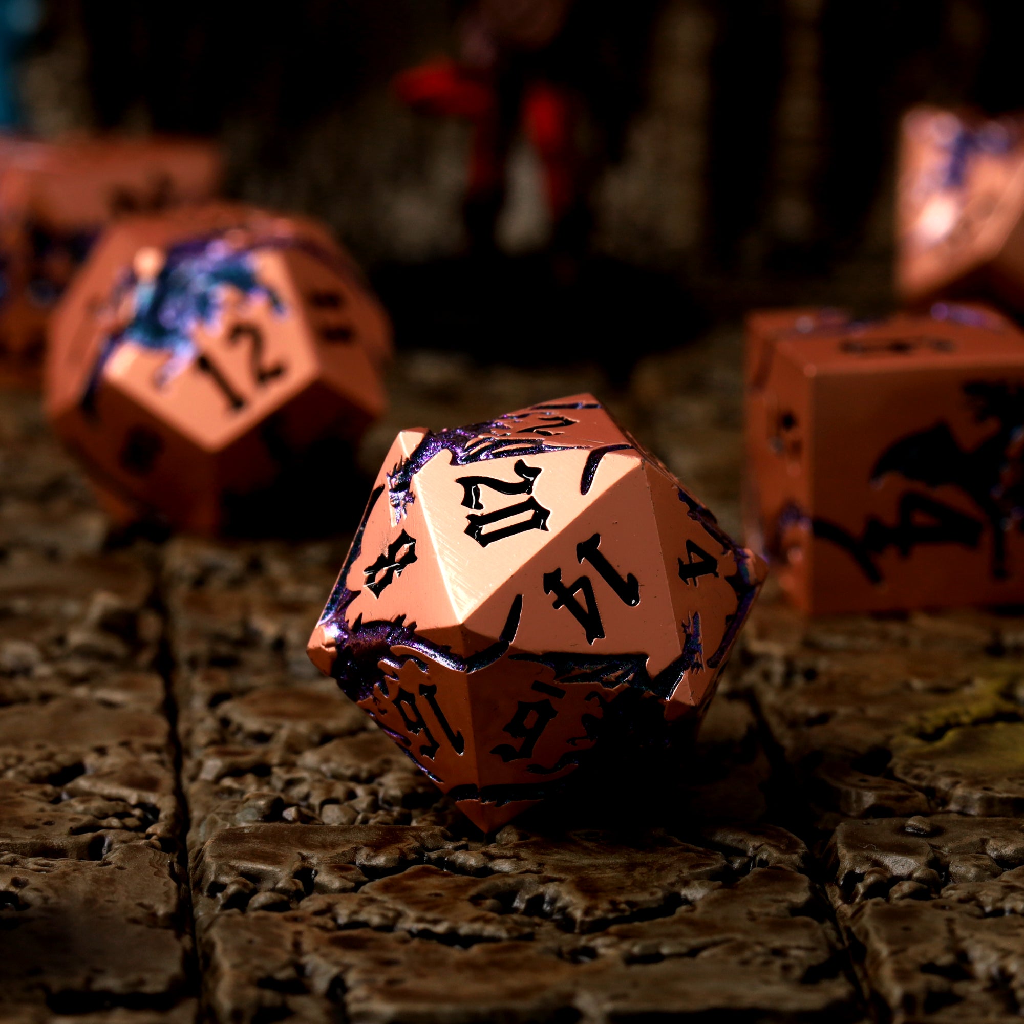 Duskwyrm copper metal dice close-up