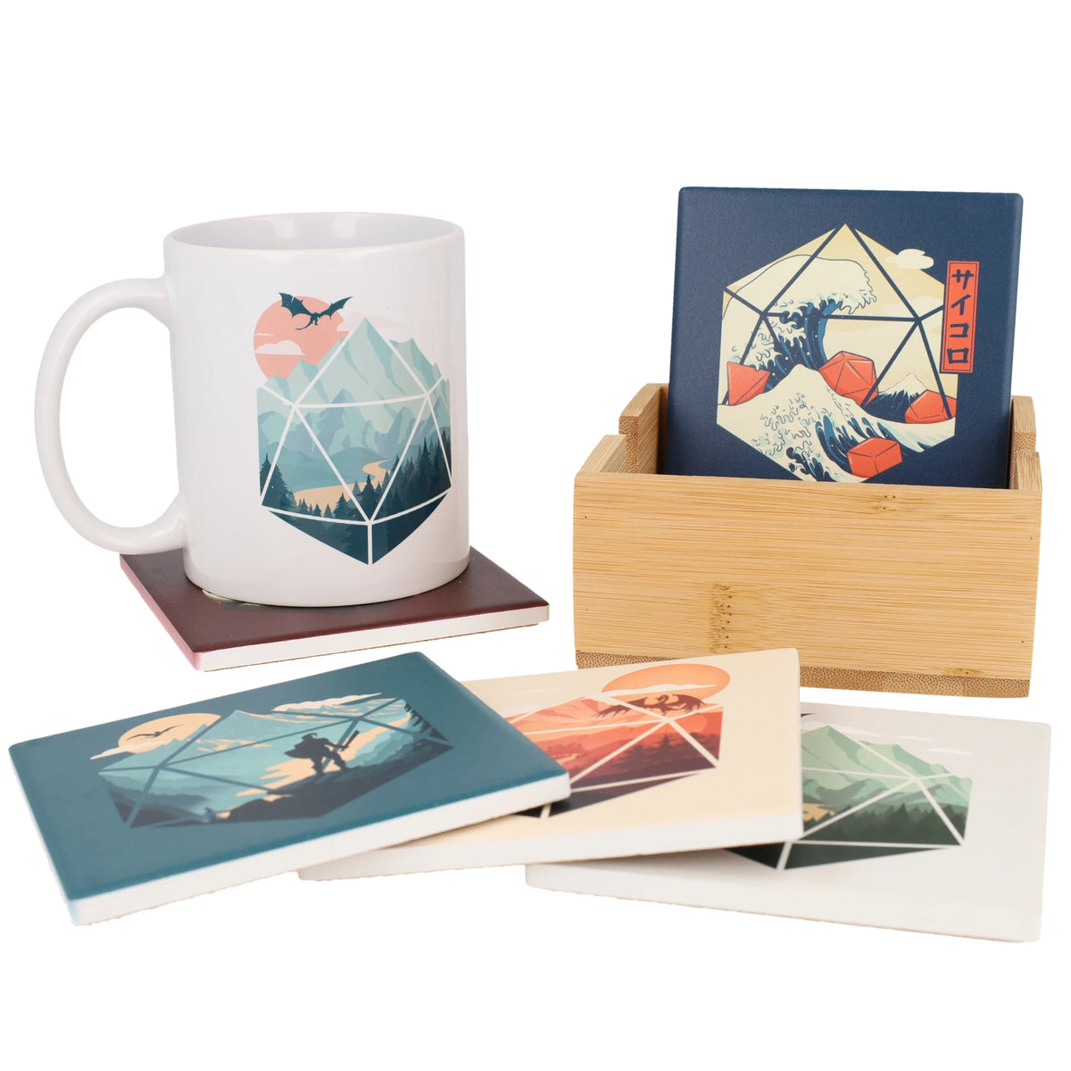 GlassStaff coasters styled with a dice mug on the table - GlassStaff