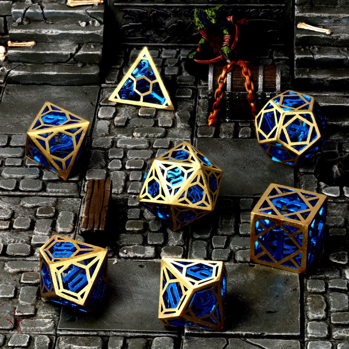 Azure Crown Hollow Metal RPG Dice Set - RPG Dice Set - GlassStaff