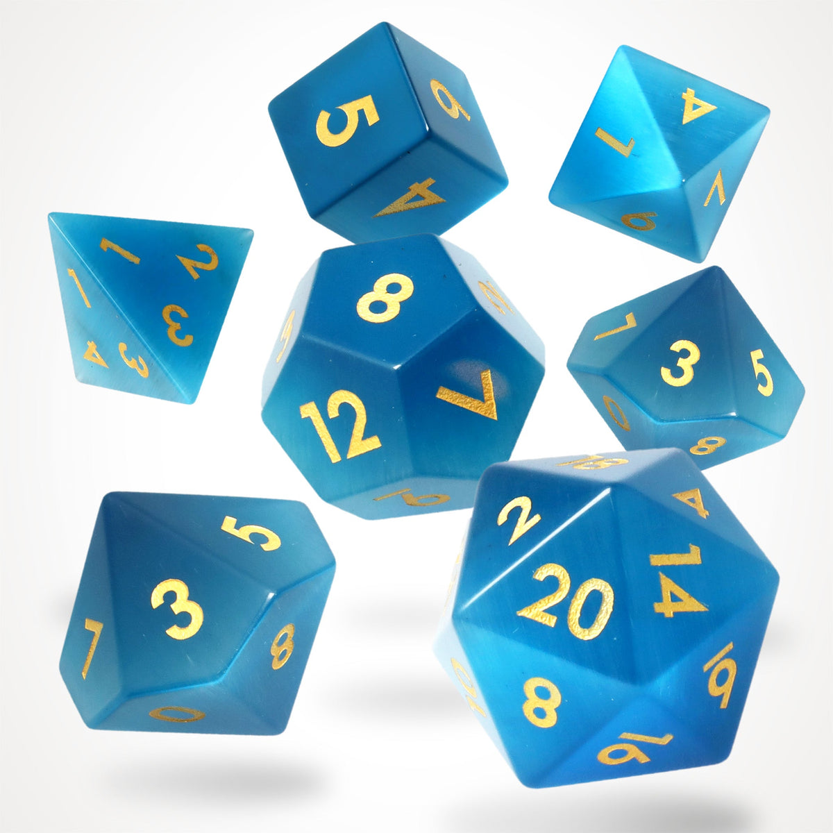 Bluehaven Real Blue Cat's Eye Mineral RPG Dice Set - RPG Dice Set - GlassStaff