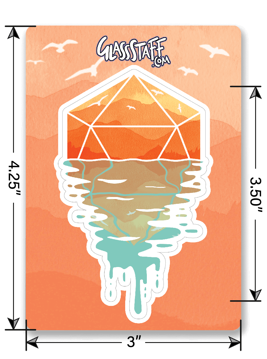 Een D20 zonsondergangsticker - D&D / TTRPG-sticker - Glassstaff
