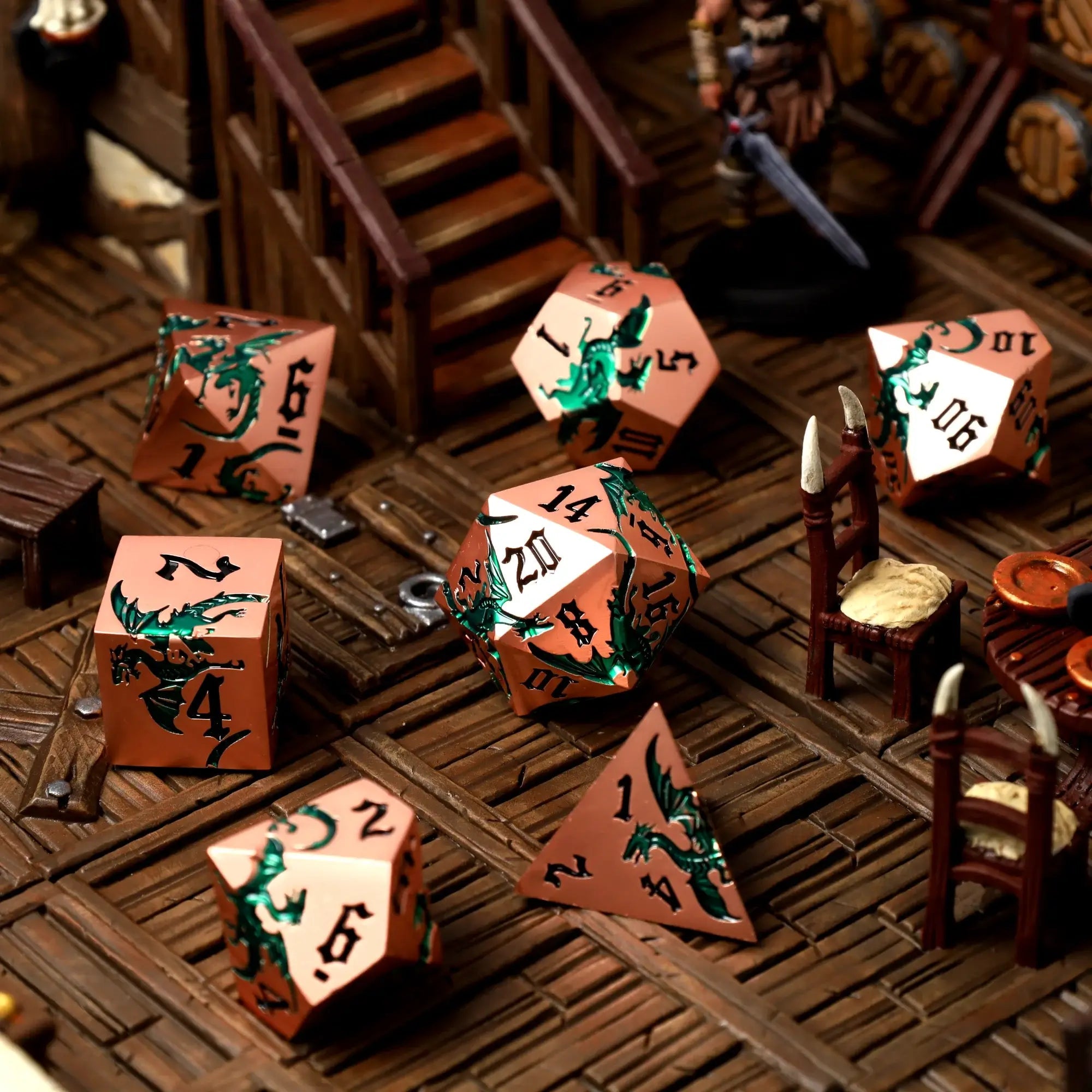 Viridian Flame Metal RPG Dice Set - RPG Dice Set - GlassStaff