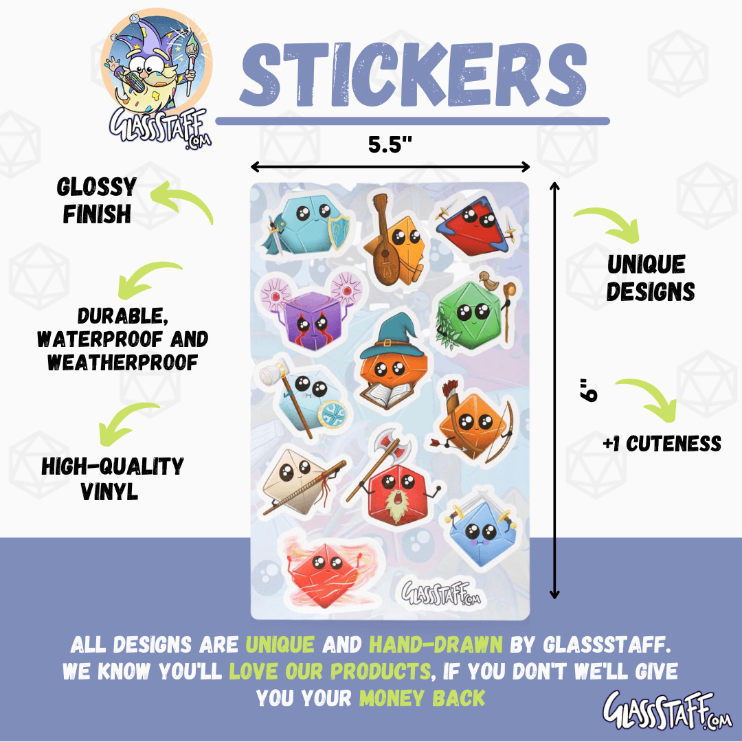 Kawaii Dice Classes Stickers - D&D / TTRPG Special Stickers - Glassstaff