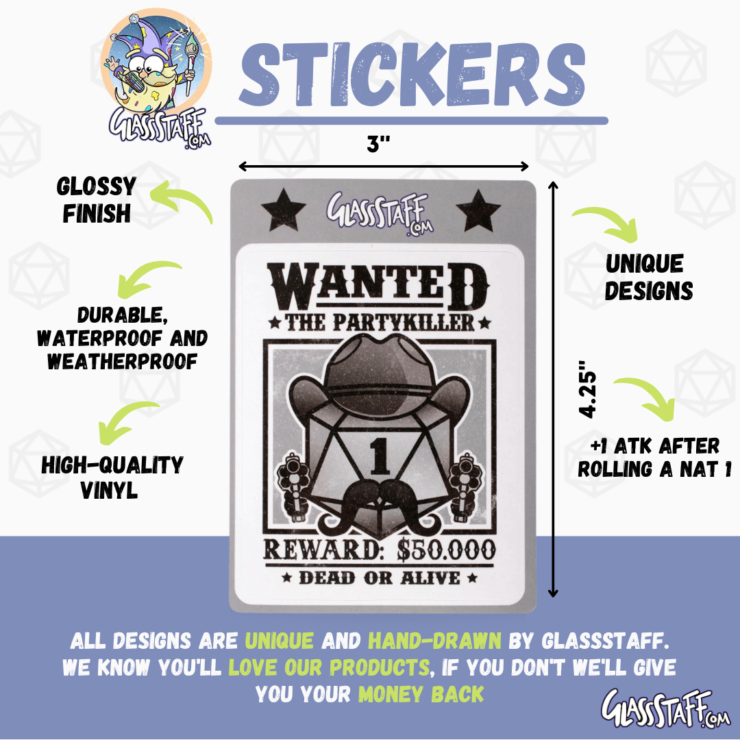 Gezocht Partykiller-sticker - D&D / TTRPG-sticker - Glassstaff