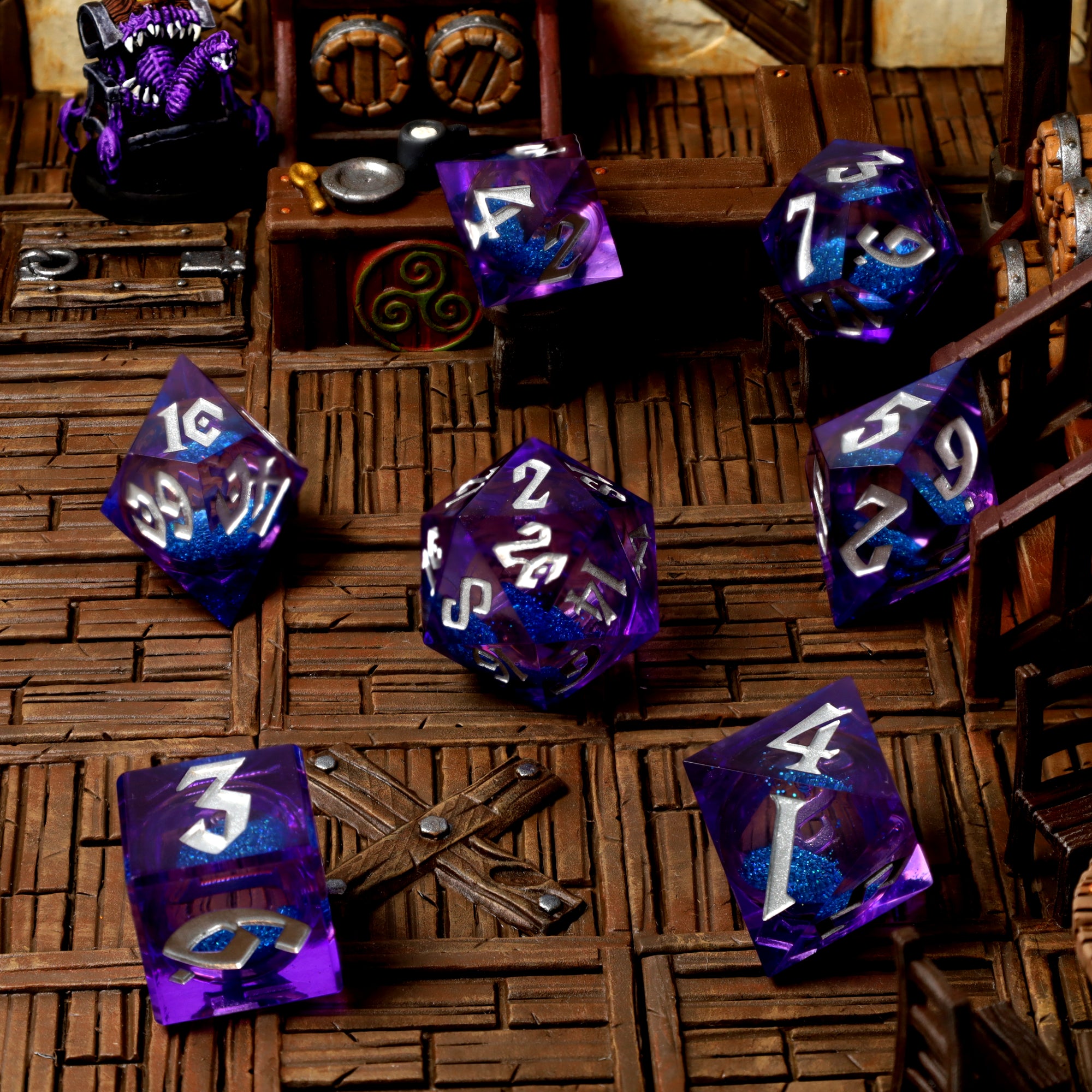 Blue Bane dice on a tavern battle map