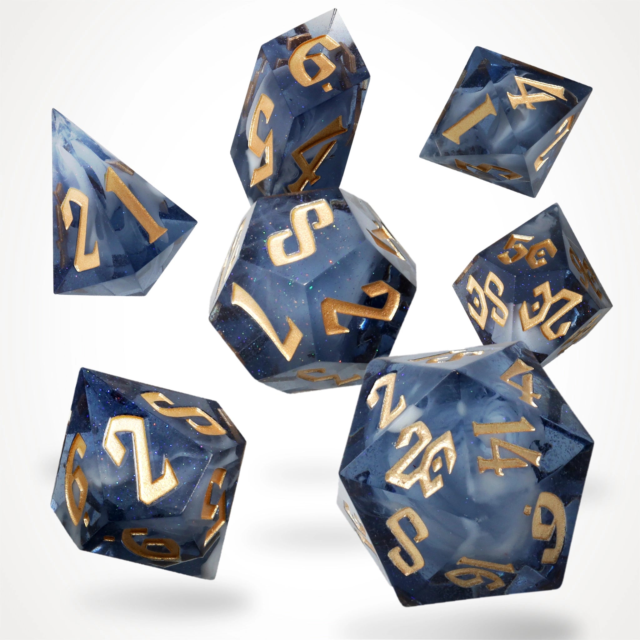 Midnight Tide sharp-edge resin RPG dice set, full 7-piece spread