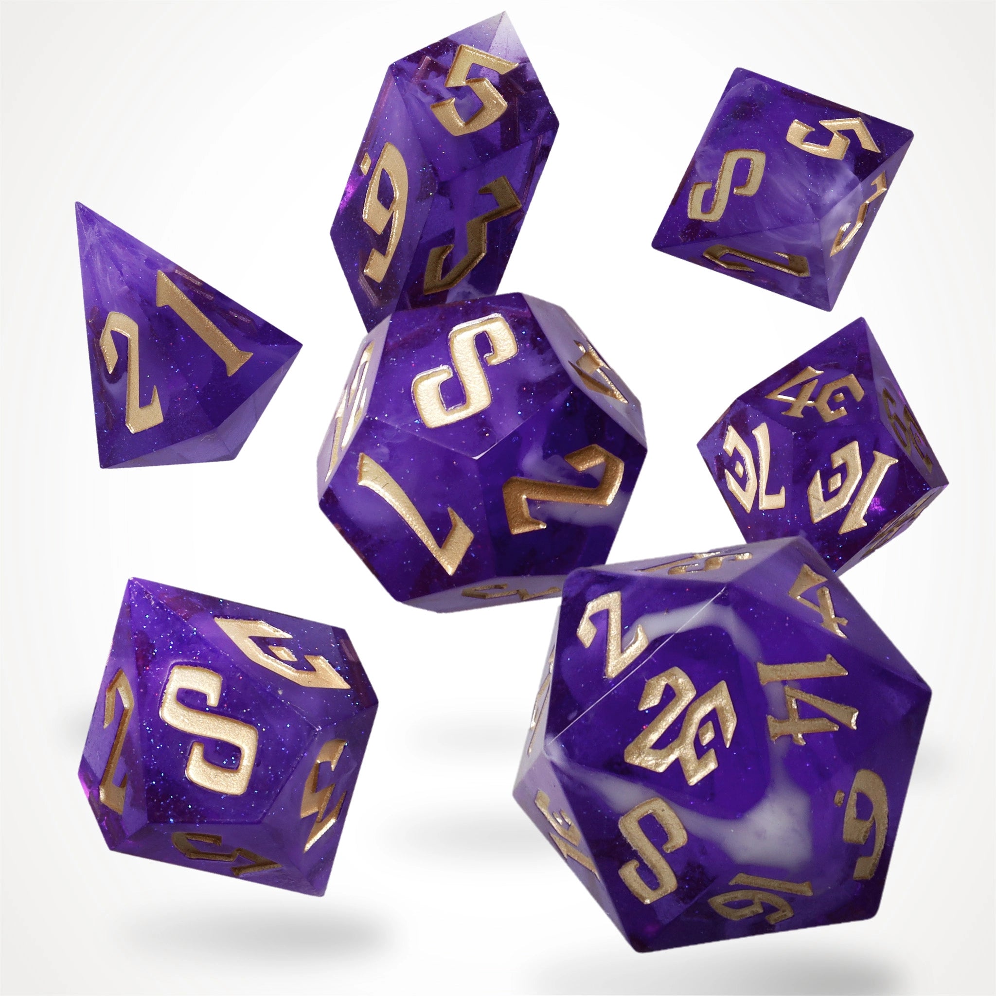 Voidstone deep purple sharp-edge resin RPG dice set, full 7-piece spread