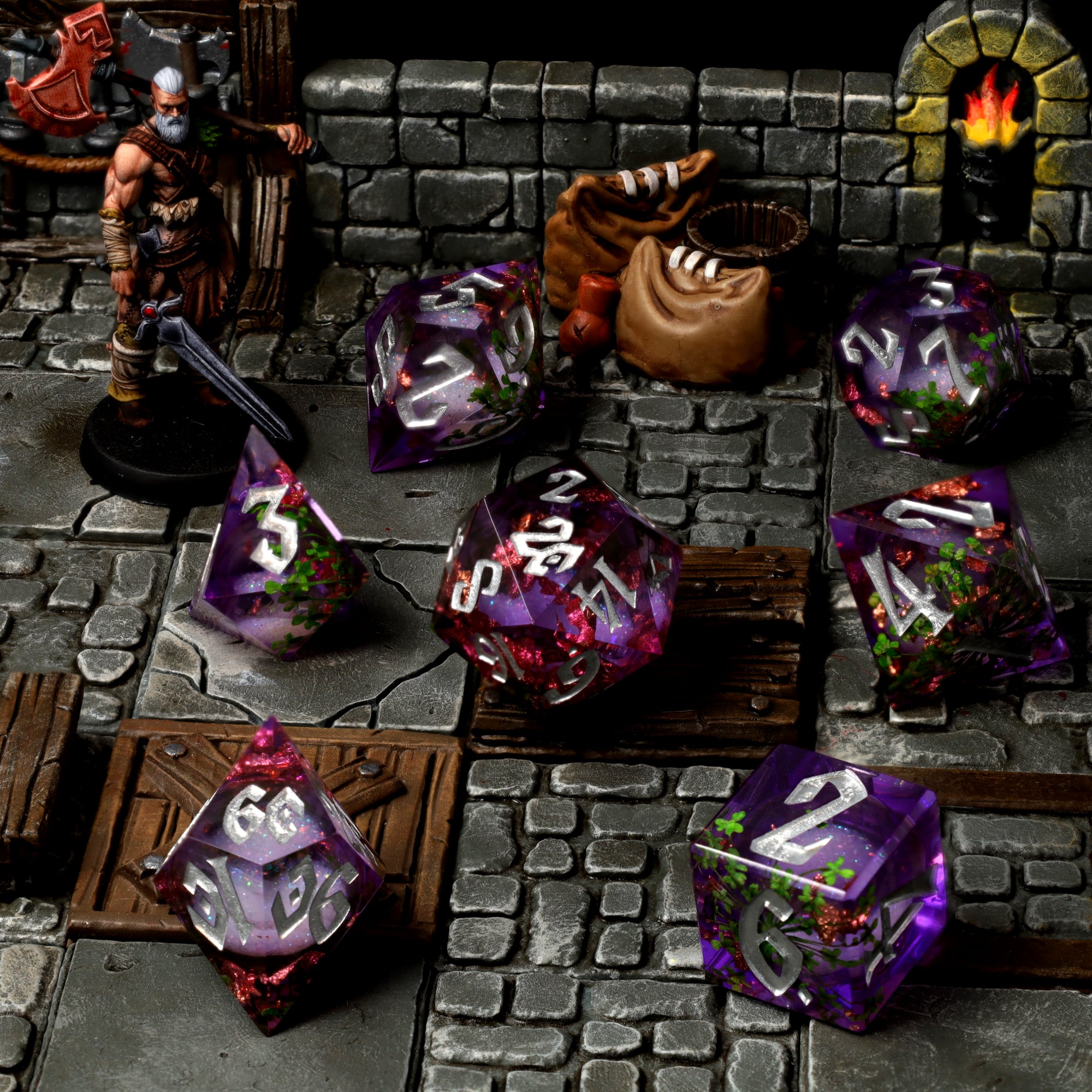 Herbalist's Dream dice in a dungeon scene