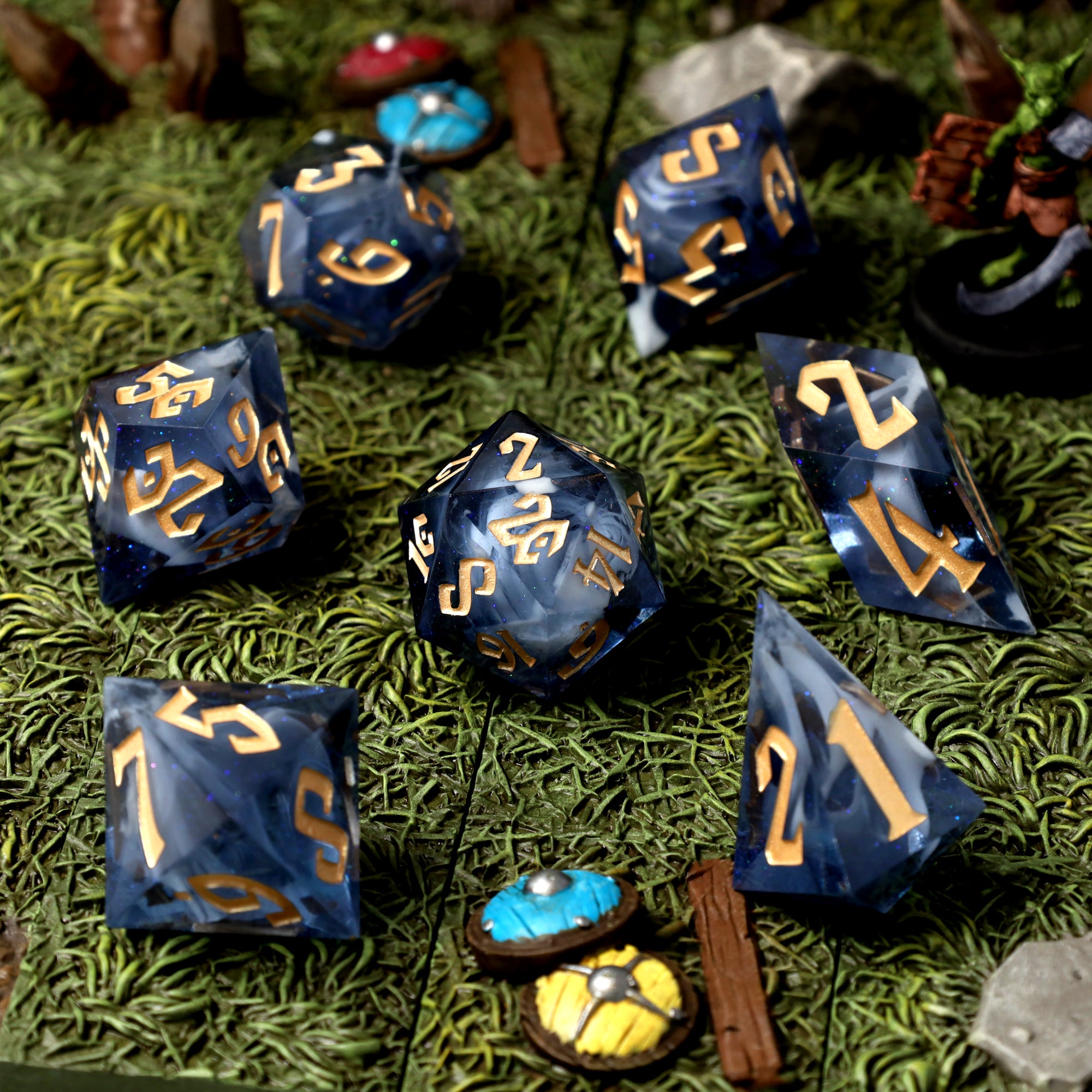 Midnight Tide dice, navy resin with white wisps