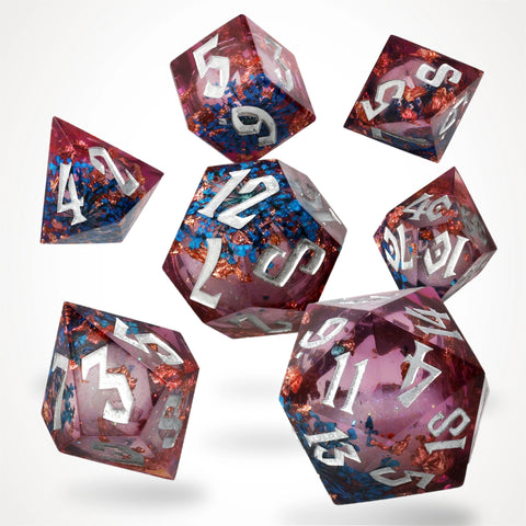Fey Mist liquid core dice set, plum resin with copper foil and blue flowers