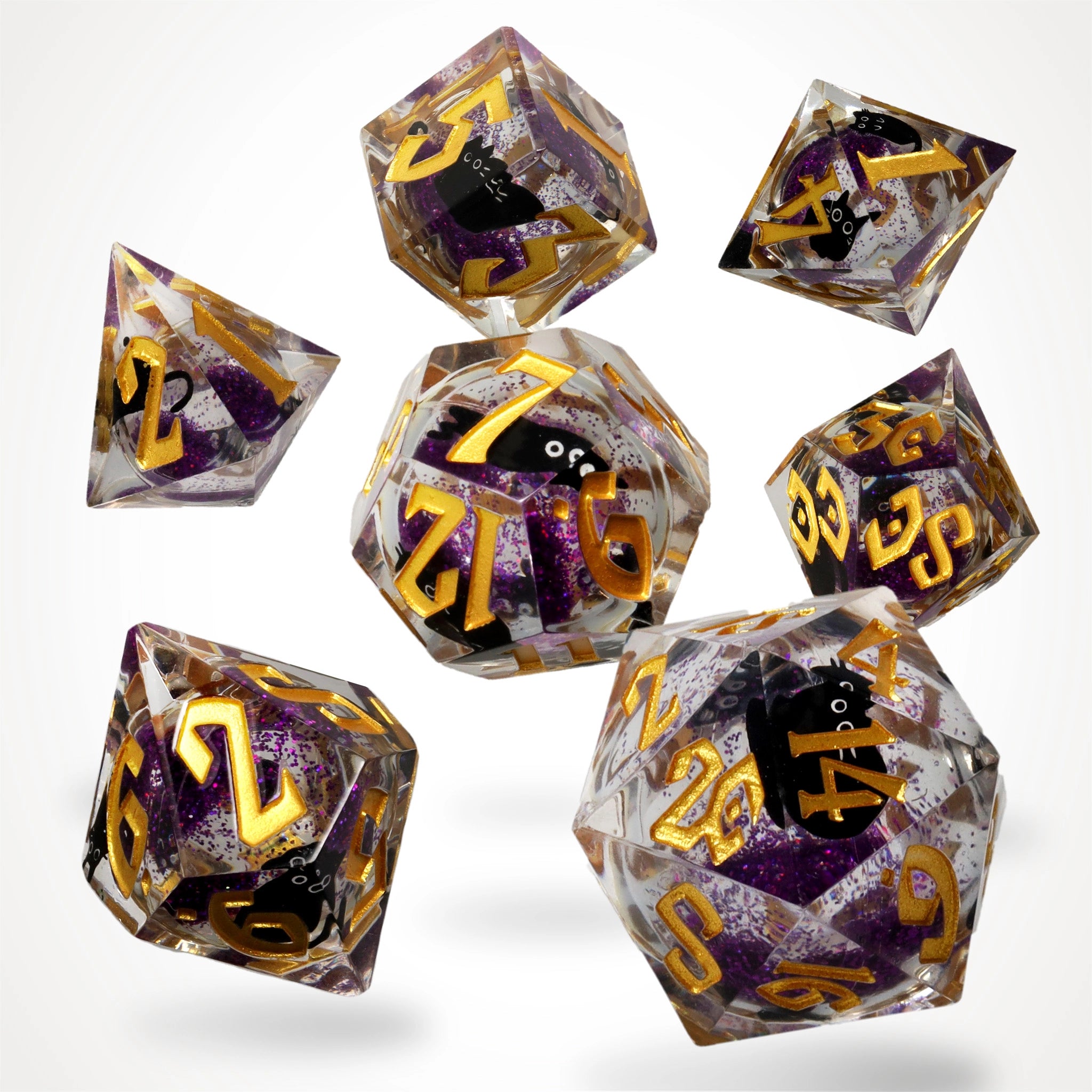 Cantrip Kittens Amethyst liquid core dice set, full 7-piece spread