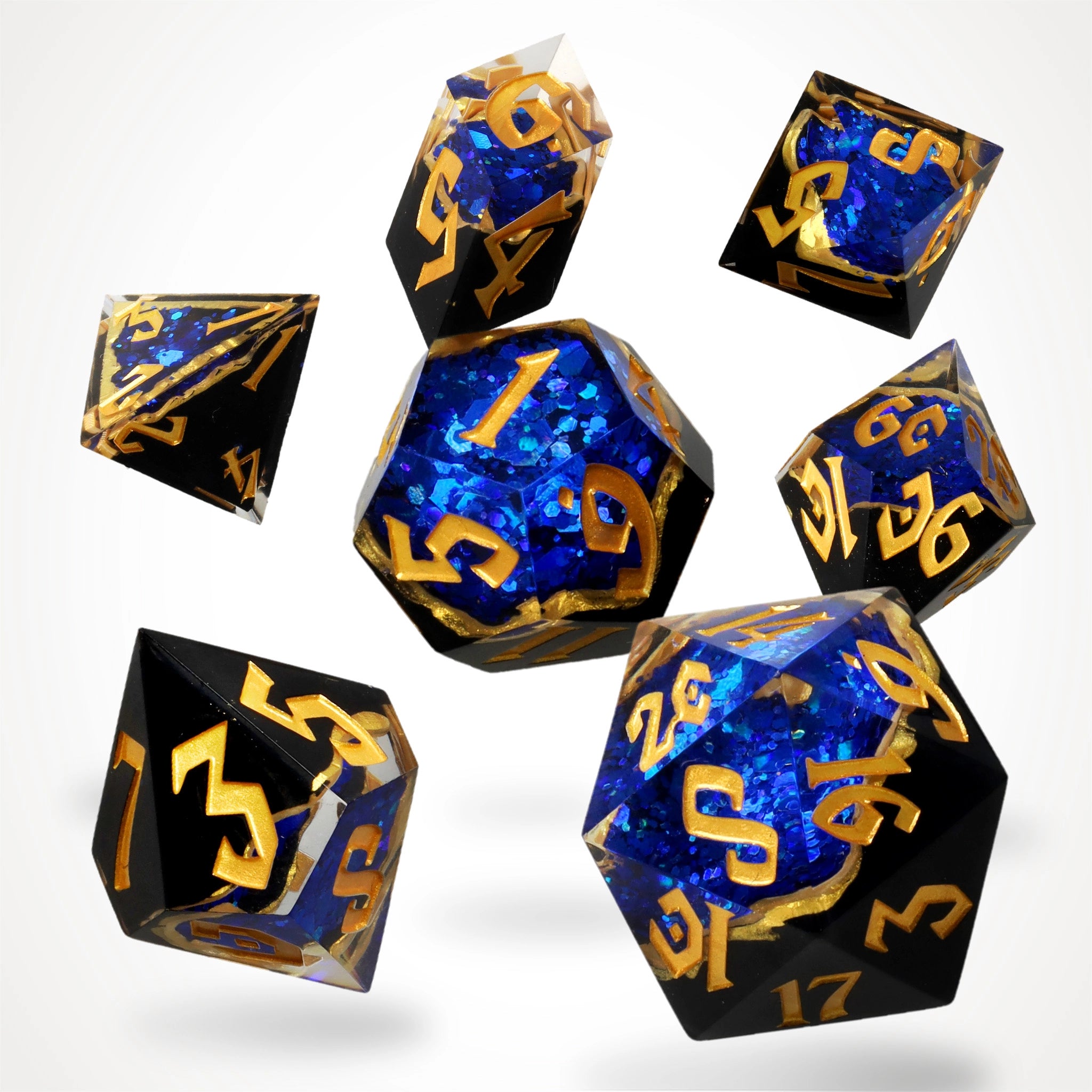 Azure Artifacts geode dice set, black stone with sapphire blue crystal core, full 7-piece spread