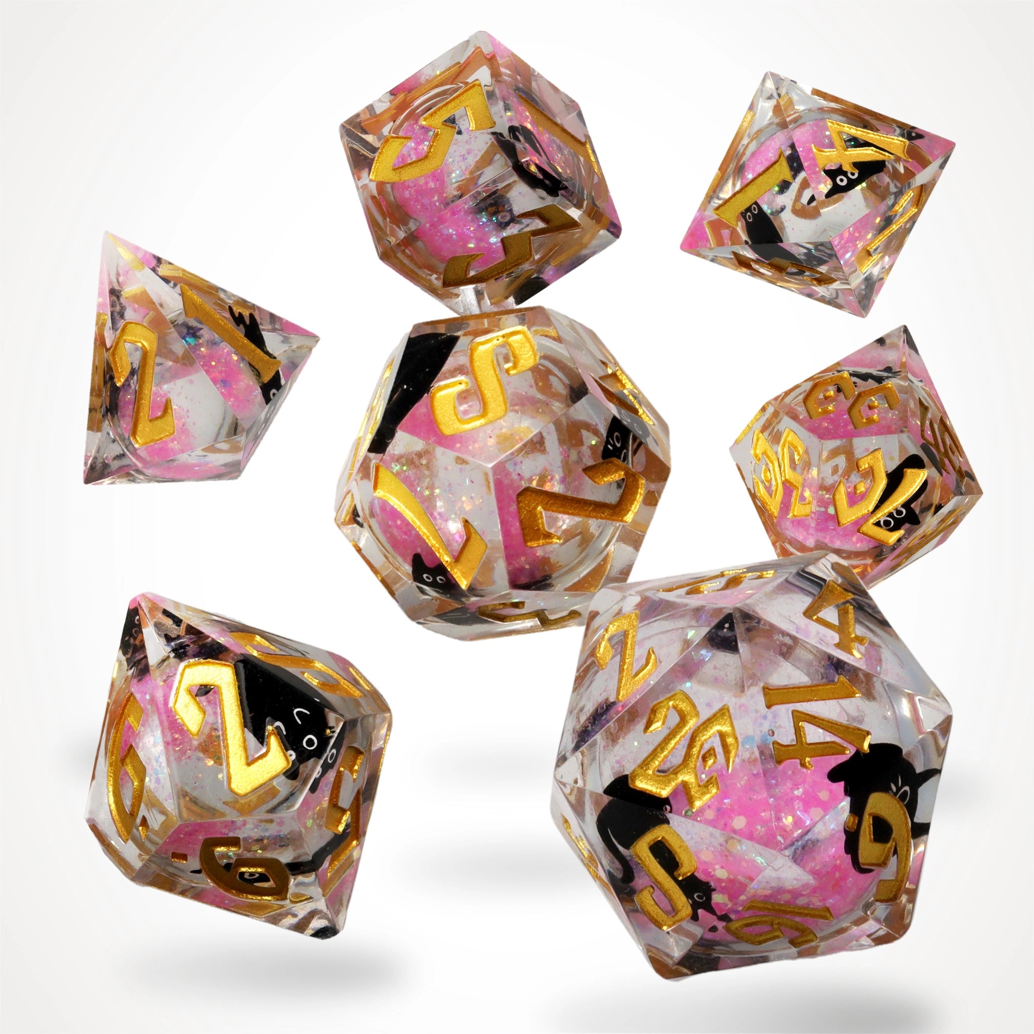Cantrip Kittens Rosy liquid core dice set, full 7-piece spread