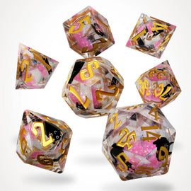 Cantrip Kittens Rosy liquid core dice set, full 7-piece spread