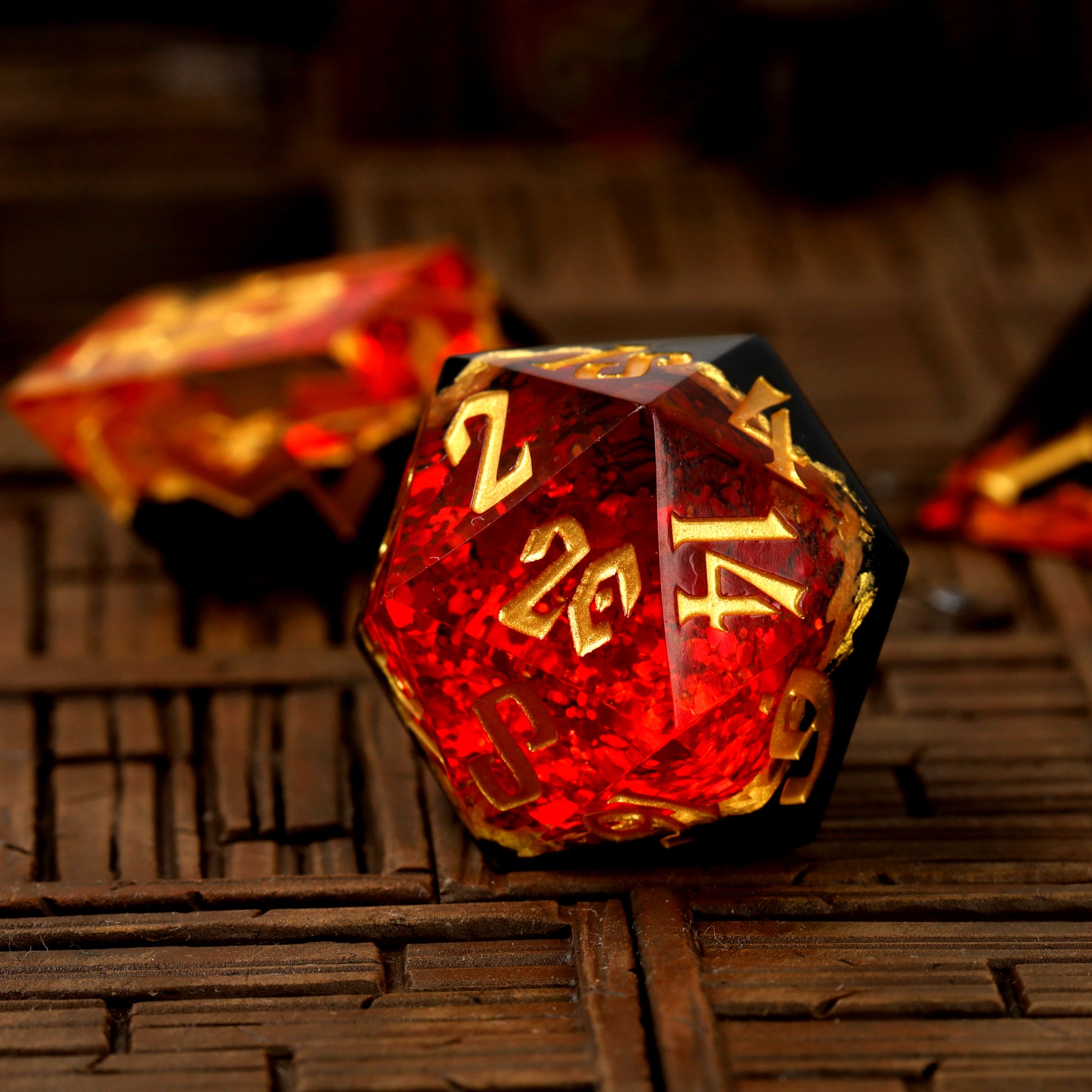 Gemcutter's Ruby geode d20 close-up