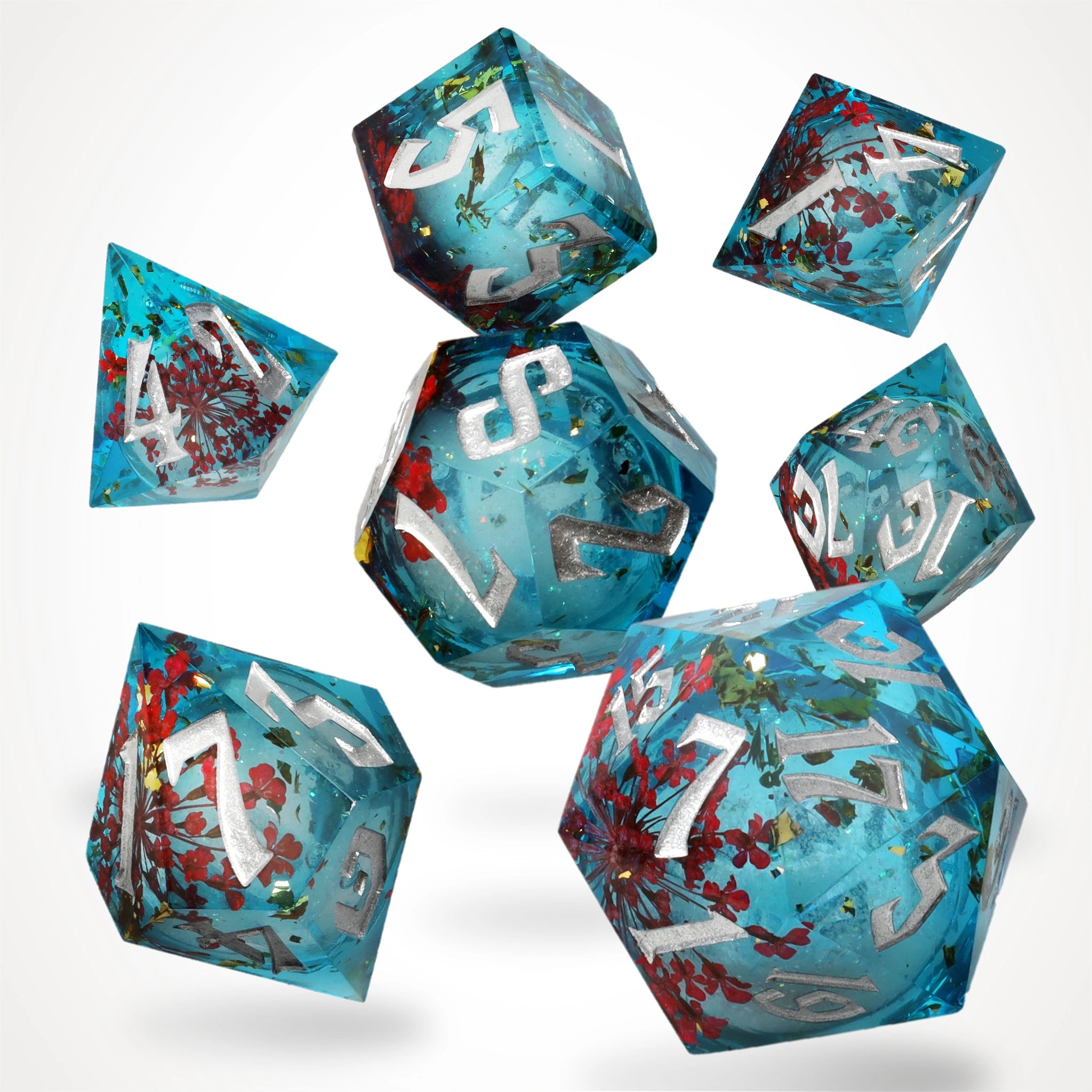 Mermaid's Maelstrom liquid core dice set, sea-blue resin with red flowers