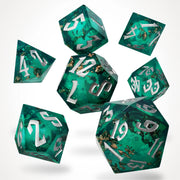 Forest Fountain liquid core dice set, emerald green resin with gold flakes