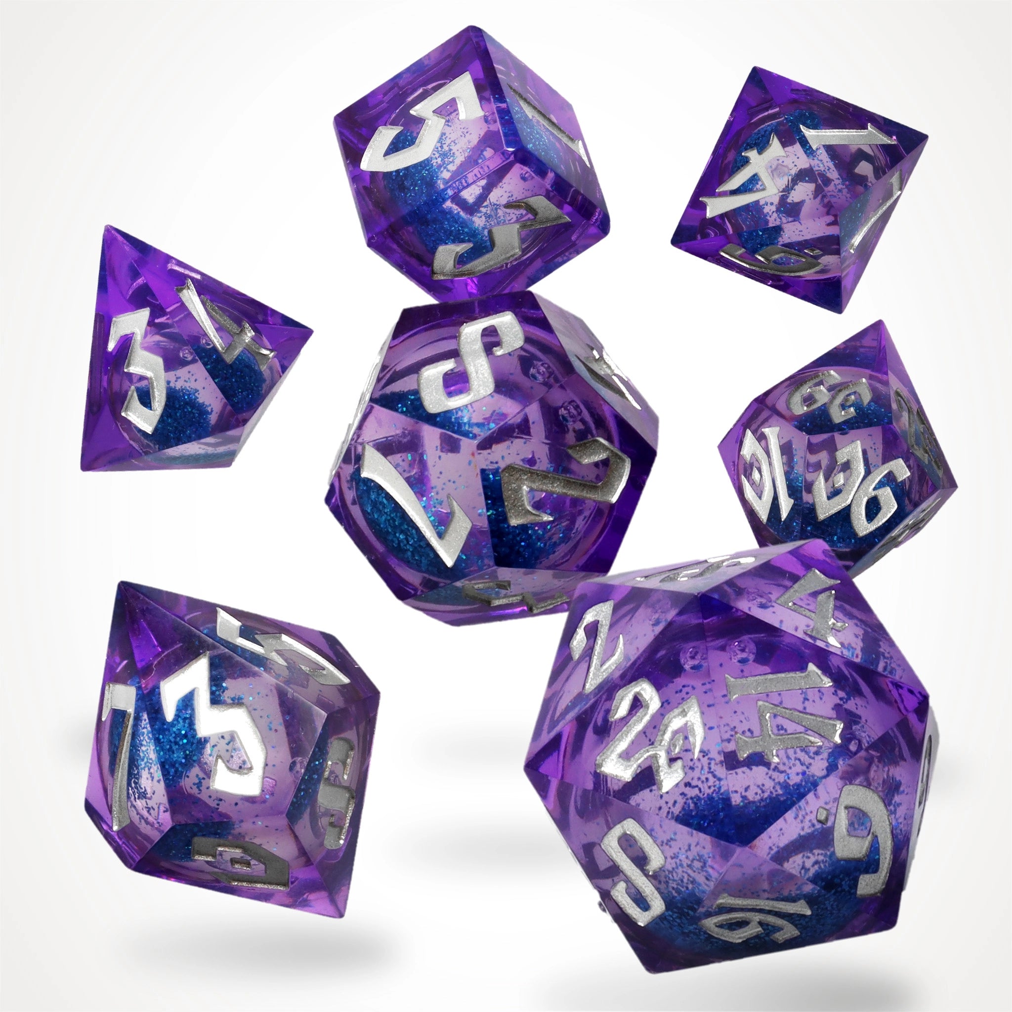 Blue Bane liquid core dice set, purple resin with swirling blue glitter core
