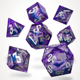 Blue Bane liquid core dice set, purple resin with swirling blue glitter core