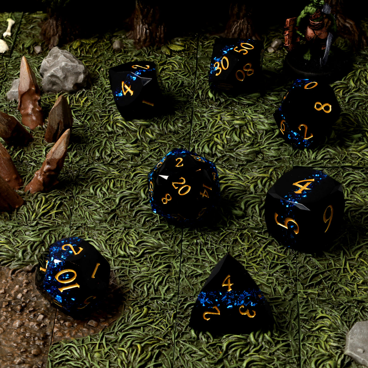 Glacier Gale Resin RPG Dice Set on a dungeon tabletop