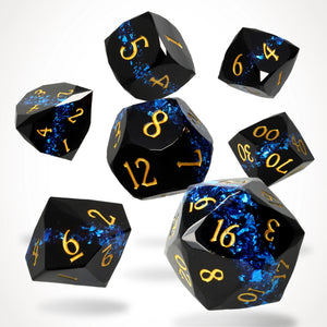 Glacier Gale Resin RPG Dice Set: seven black gem-cut resin dice with a blue mica band and gold numbers