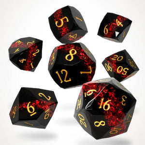 Sanguine Seam Resin RPG Dice Set: seven black gem-cut resin dice with a red mica band and gold numbers