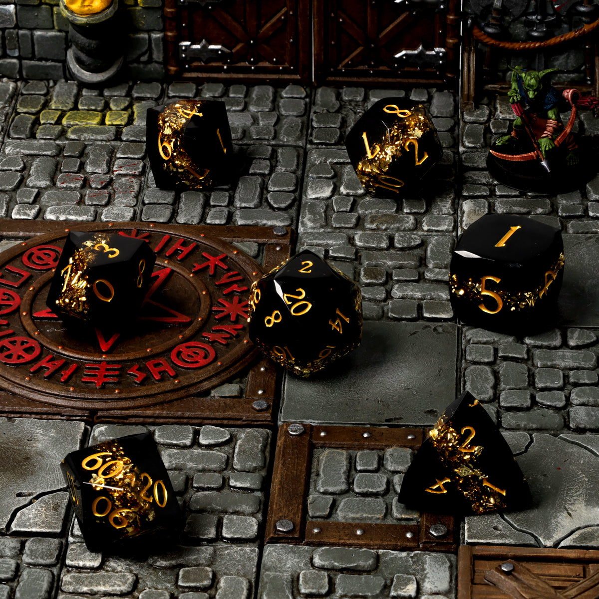 Topaz Trail Resin RPG Dice Set on a dungeon tabletop