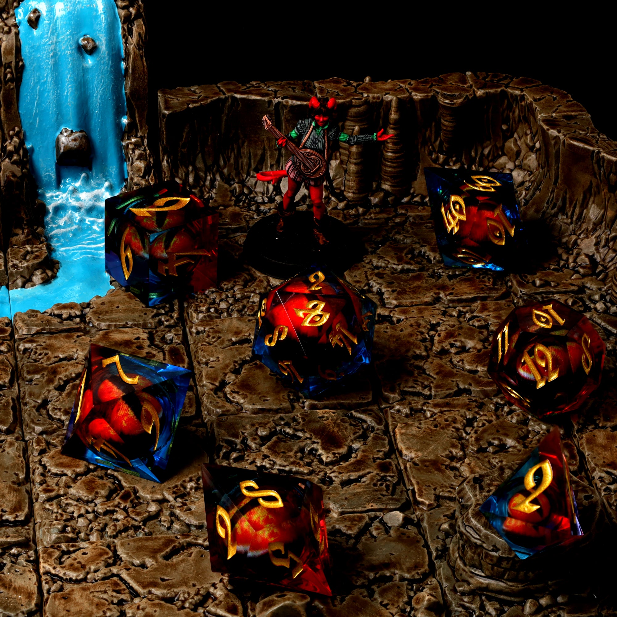 Chromatic Dragon's Gaze Floating Eye RPG Dice Set in scene
