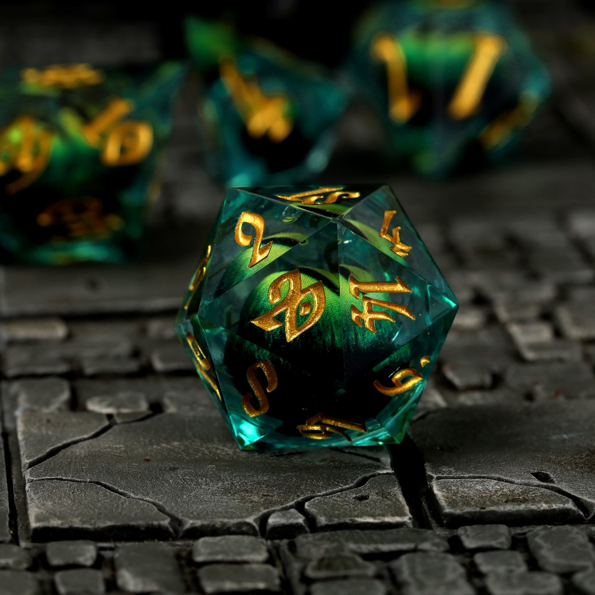 Forest Dragon's Gaze Floating Eye RPG Dice Set close-up