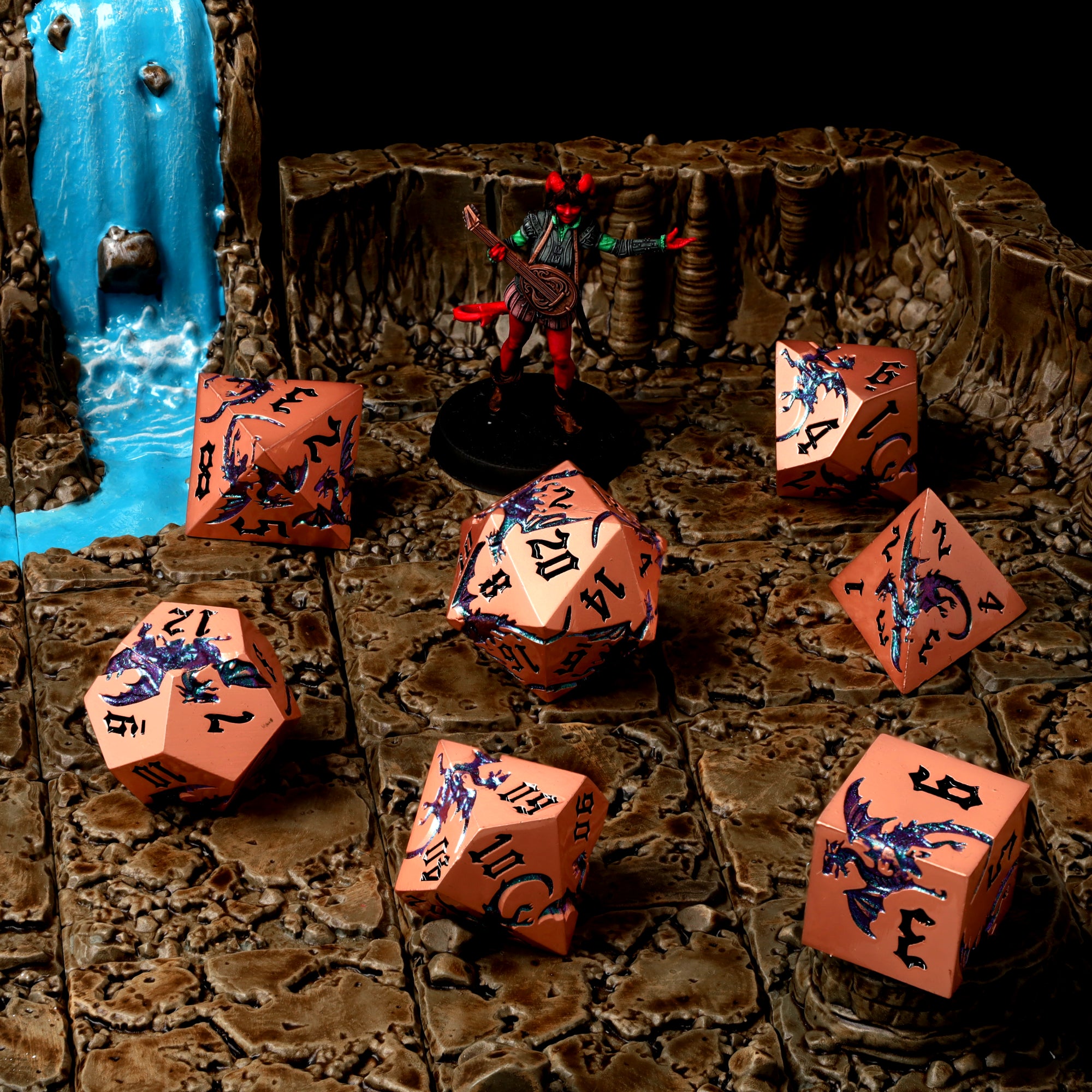 Duskwyrm copper metal dice in a scene