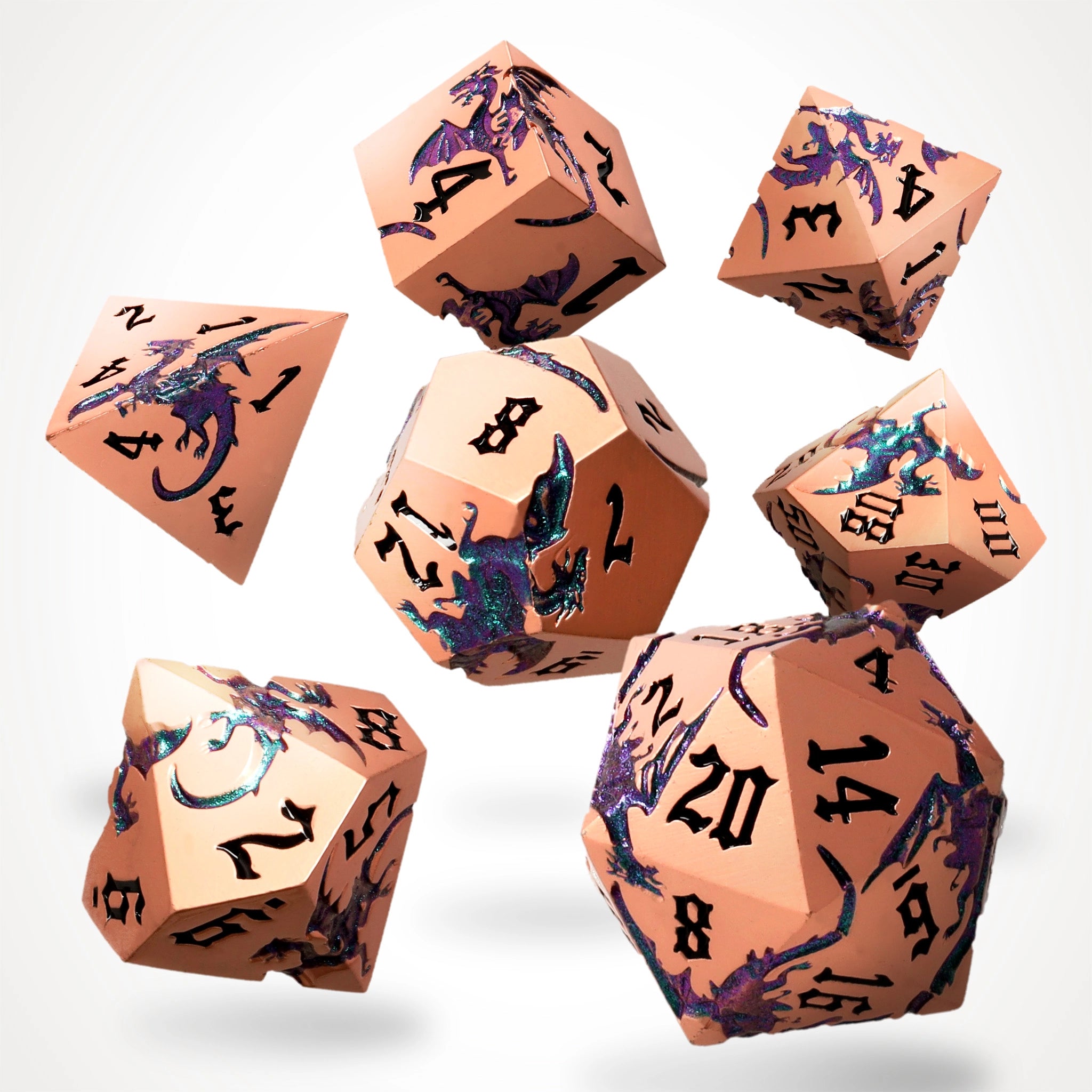 Duskwyrm copper metal RPG dice set with dragon reliefs, full 7-piece spread