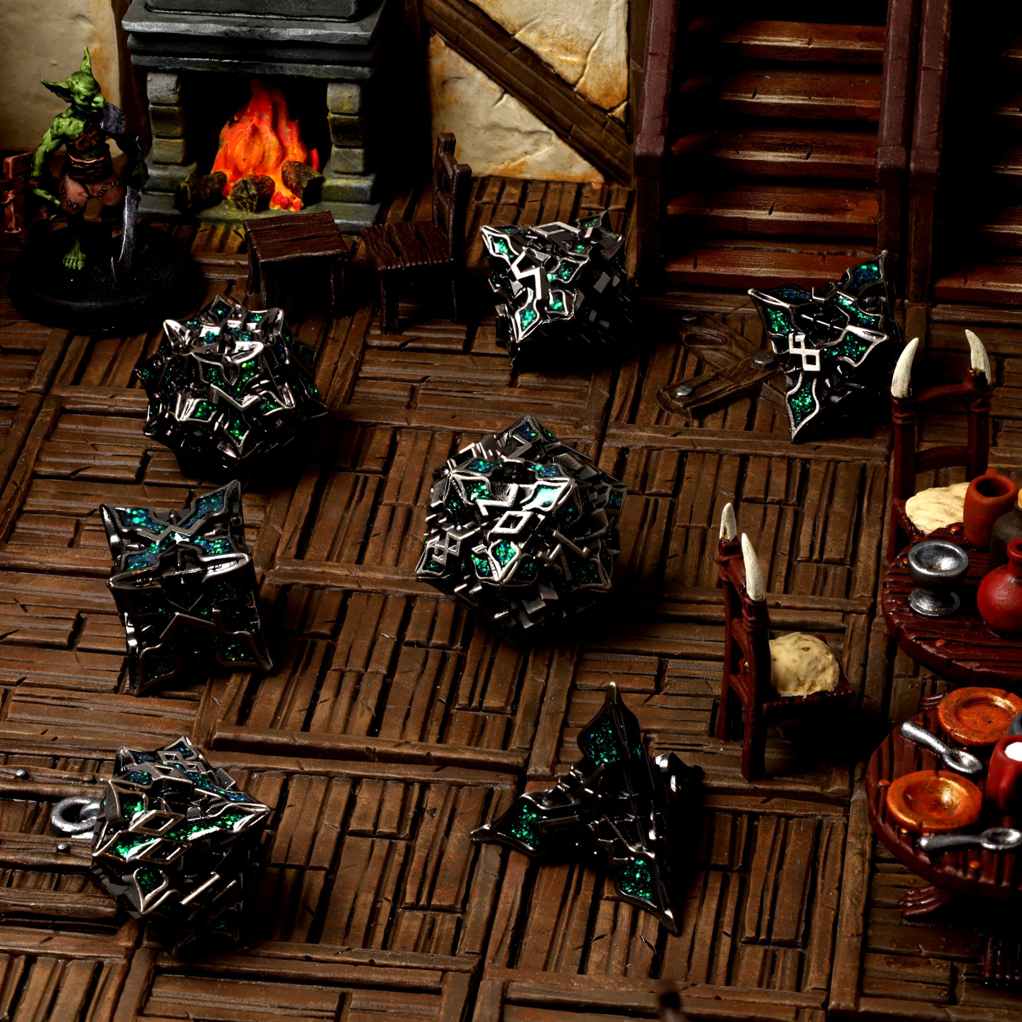 Viridian Alloy metal RPG dice set, dark metal with green glitter inlay, tavern scene
