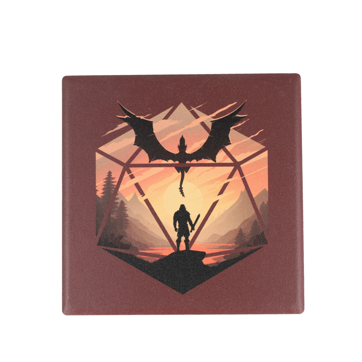 Dragon at sunset d20 ceramic coaster - GlassStaff Coaster Set