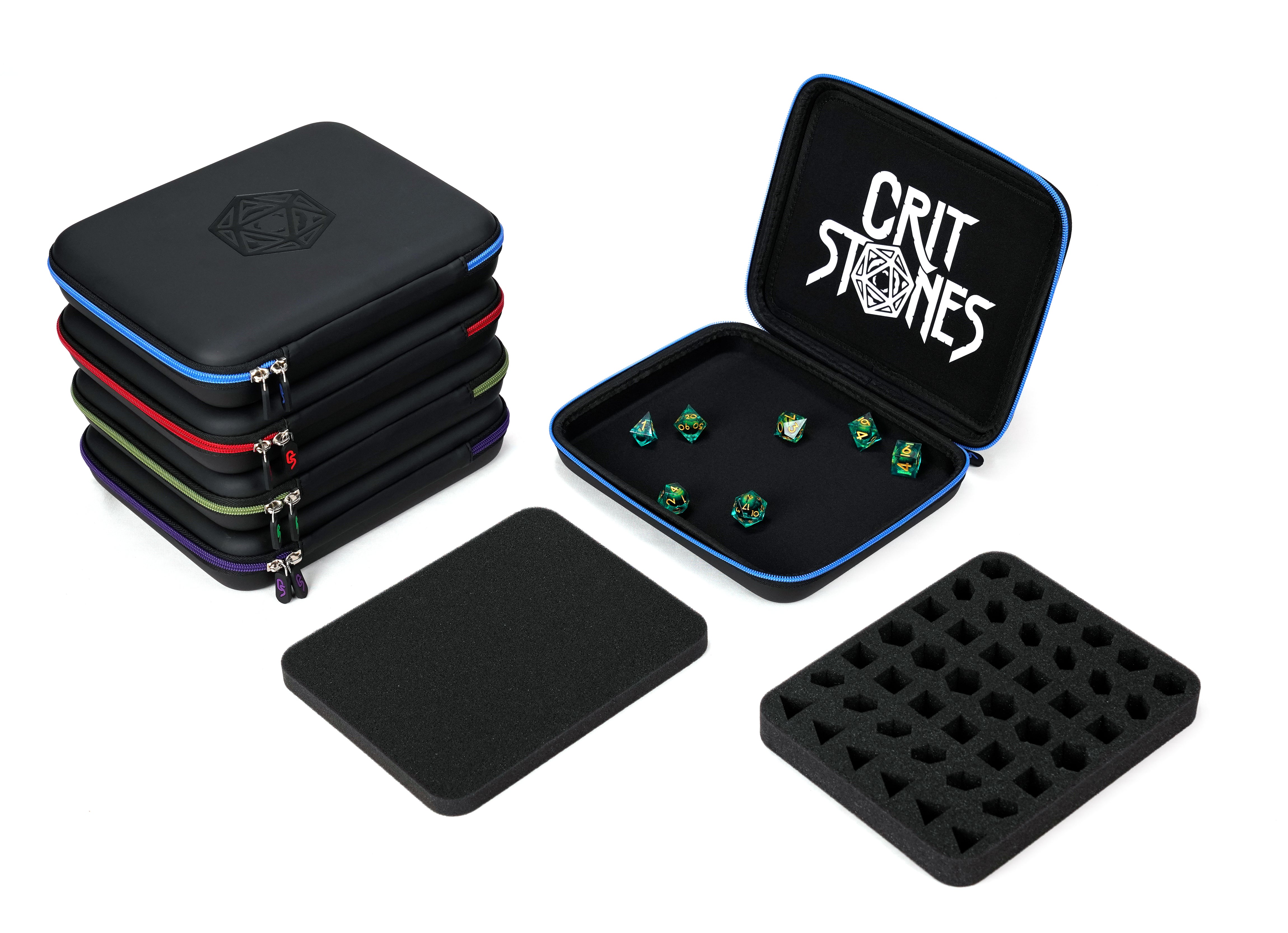 Black carrying case with foam insert, dice tray, and open lid showing 'Crit Stones' branding.