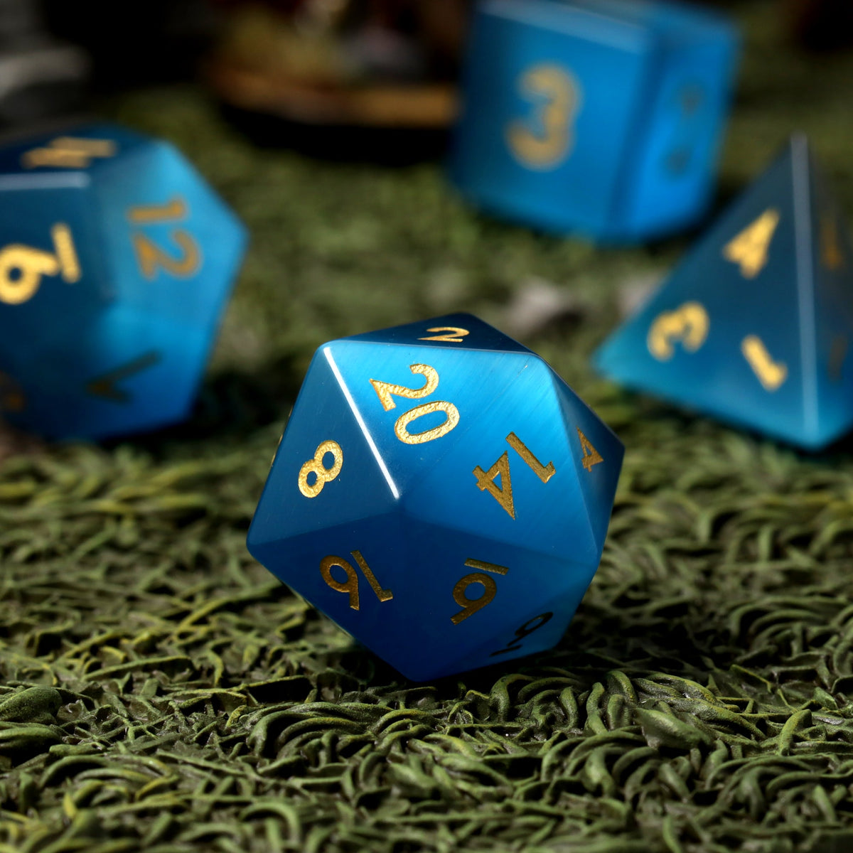Bluehaven Real Blue Cat's Eye Mineral RPG Dice Set - RPG Dice Set - GlassStaff