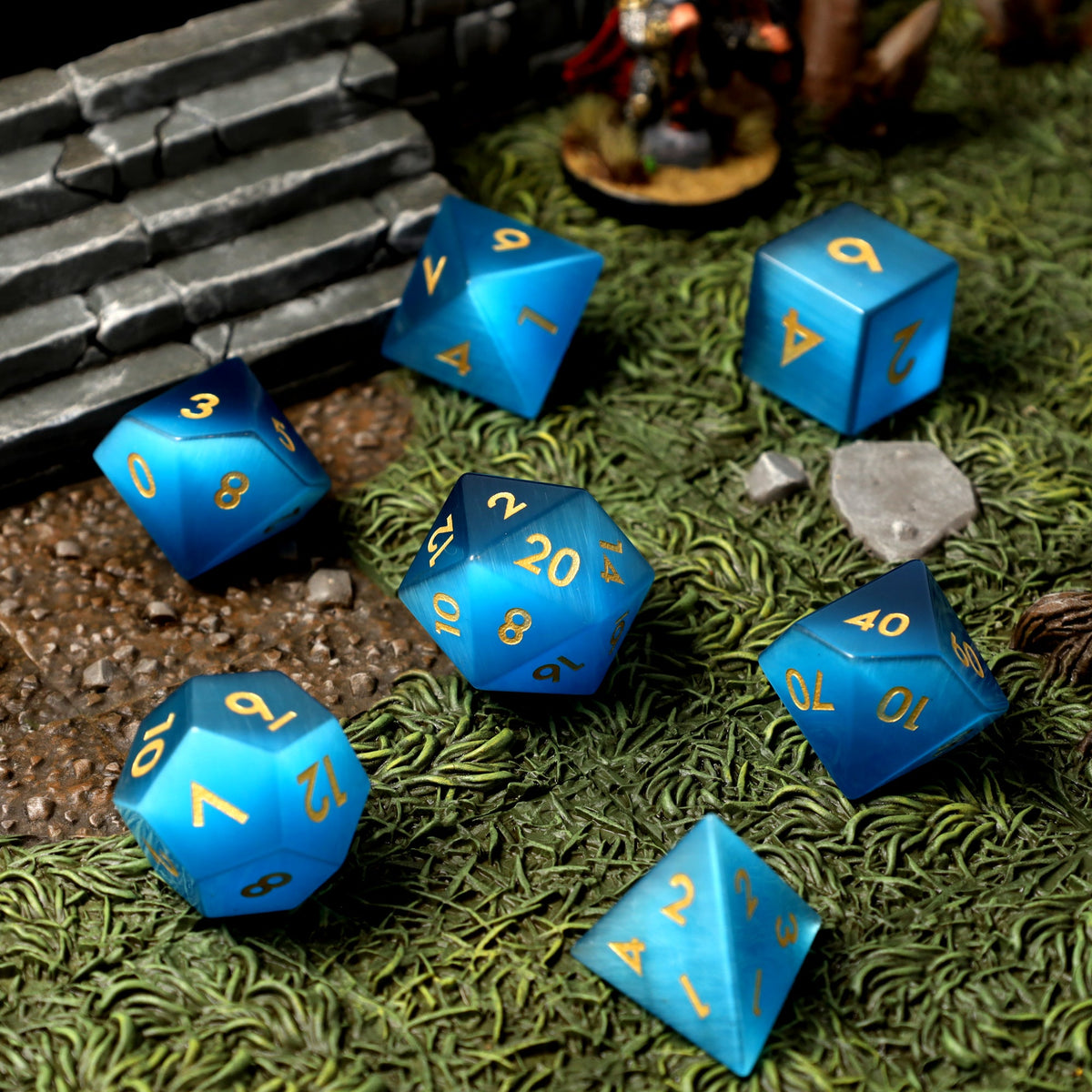 Bluehaven Real Blue Cat's Eye Mineral RPG Dice Set - RPG Dice Set - GlassStaff