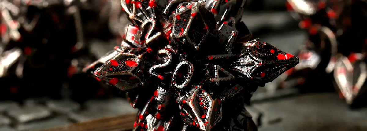 Brutal Bane metal d20 on a dungeon plank